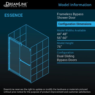 DreamLine SHDR-6360760-04 Essence 56-60 W x 76 H Frameless Bypass Shower Door in Brushed Nickel