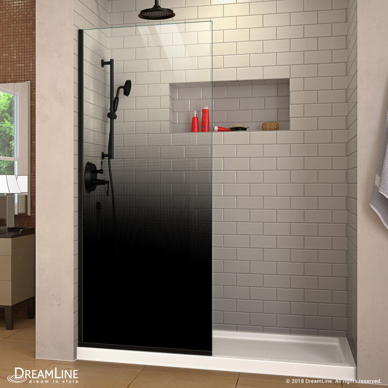 Shower stall with half glass enclosure and black shower head and