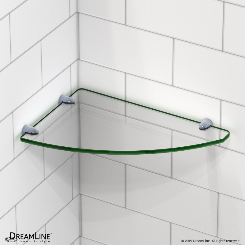 Glass Corner Shower Shelf Kit Quarter Rounded With Square Mounting Clamps 