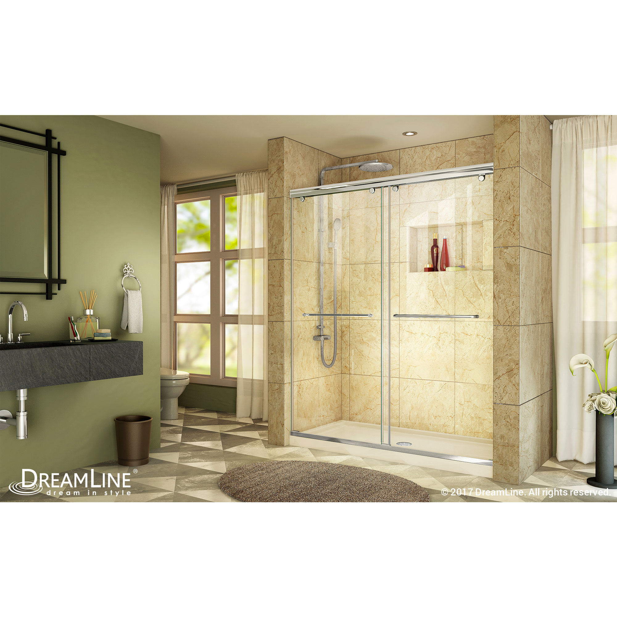 DreamLine Charisma 34 in. D x 60 in. W x 78 3/4 in. H Bypass Shower Door in Chrome with Center Drain Biscuit Base Kit