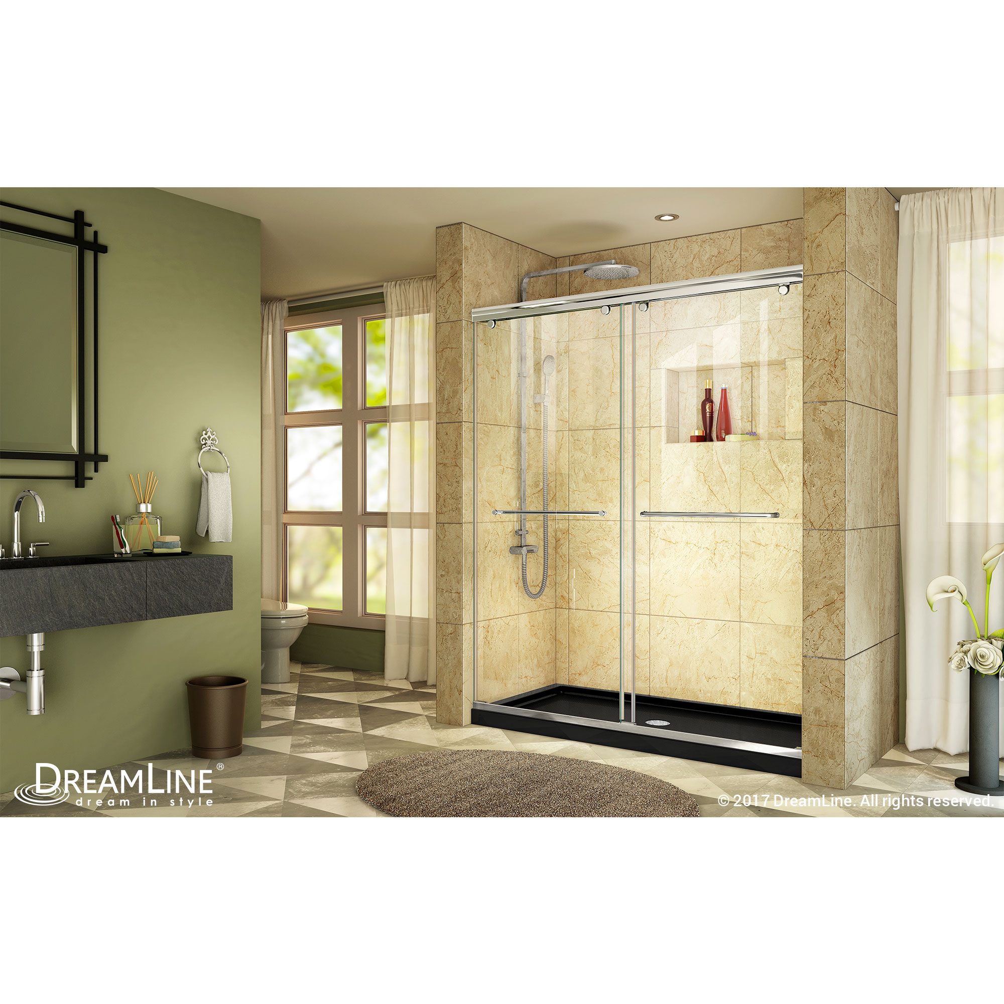 DreamLine Charisma 32 in. D x 60 in. W x 78 3/4 in. H Bypass Shower Door in Chrome with Center Drain Black Base Kit