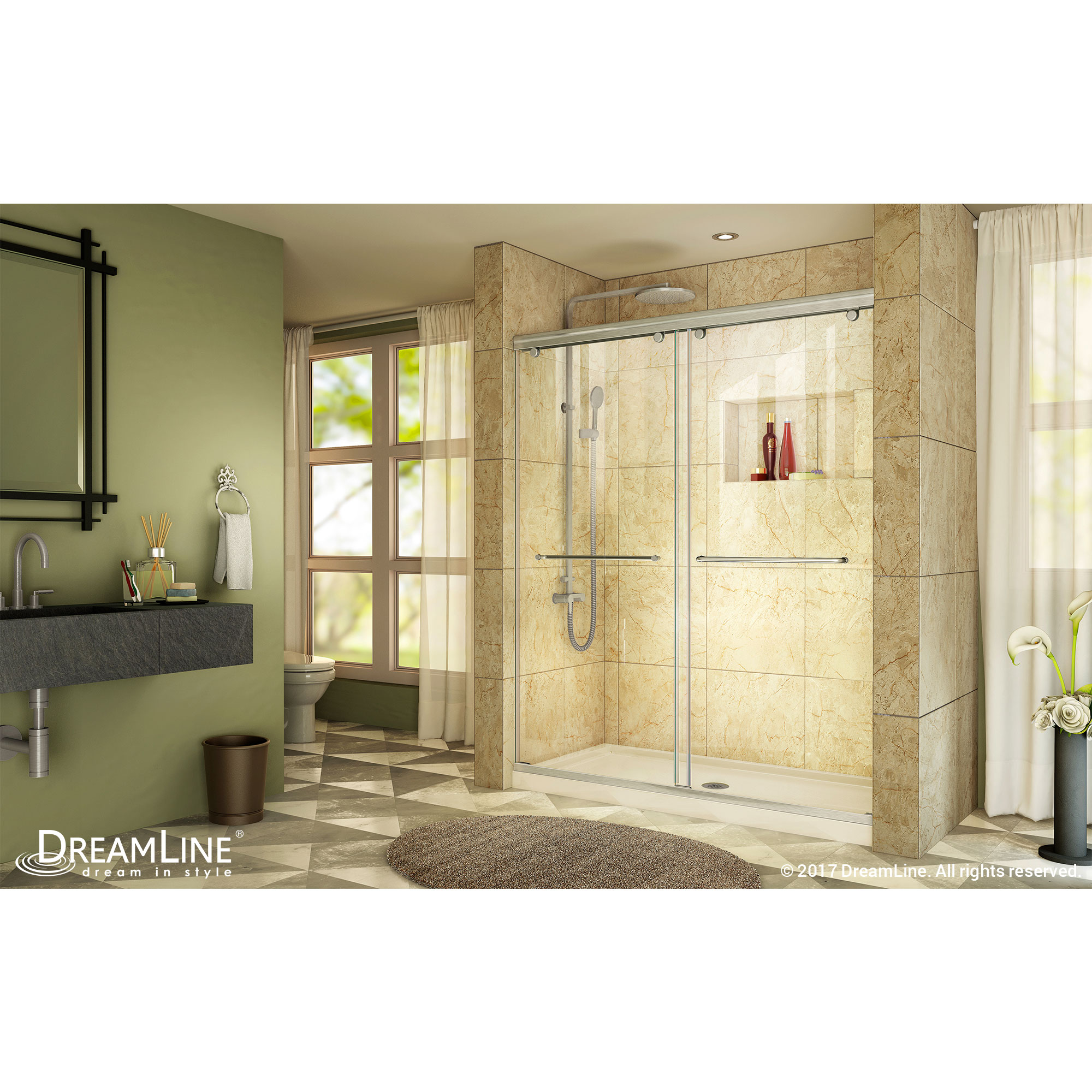 DreamLine Charisma 30 in. D x 60 in. W x 78 3/4 in. H Bypass Shower Door in Brushed Nickel with Center Drain Biscuit Base Kit