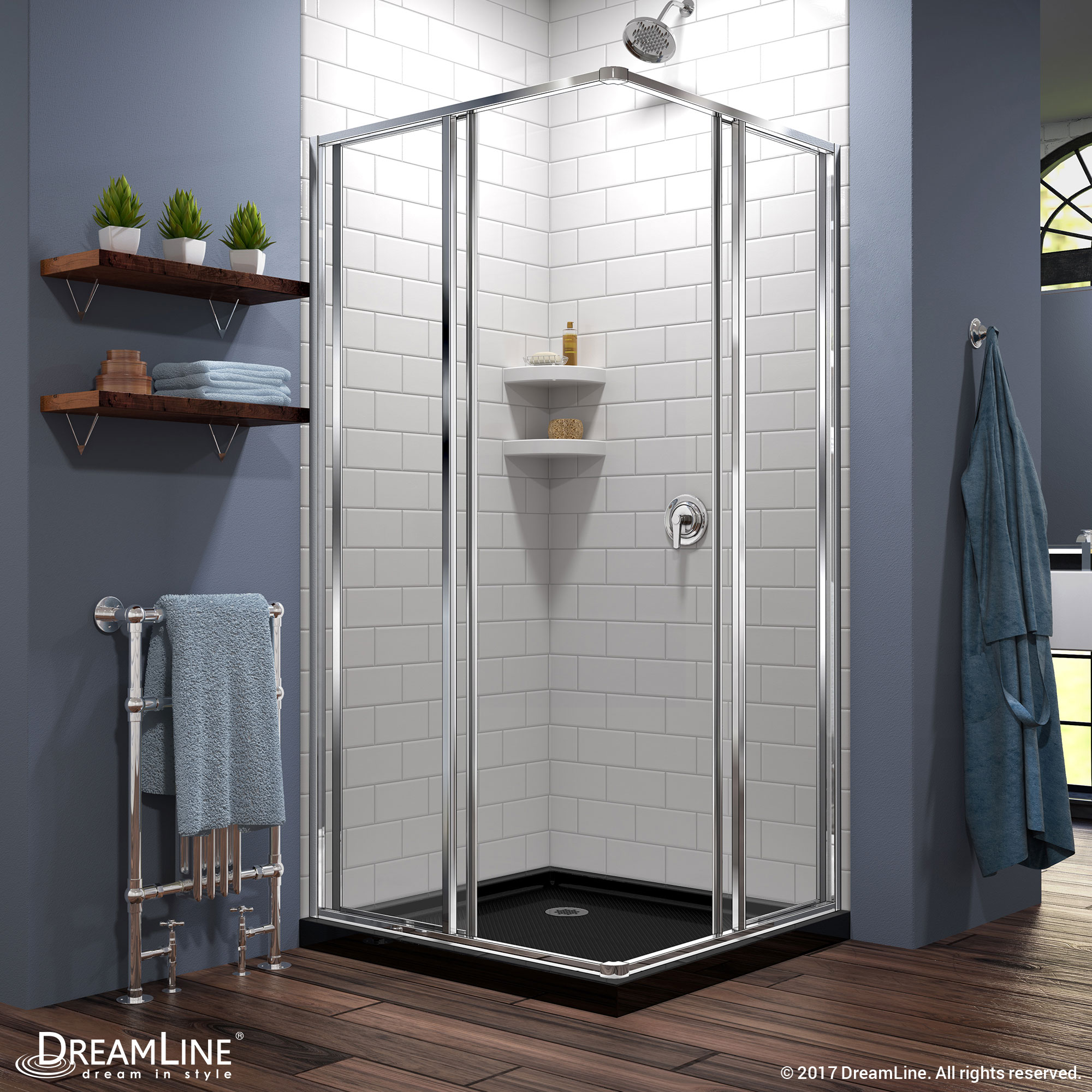 DreamLine Cornerview 42 in. D x 42 in. W x 74 3/4 in. H Framed Sliding Shower Enclosure in Chrome with Black Acrylic Base Kit