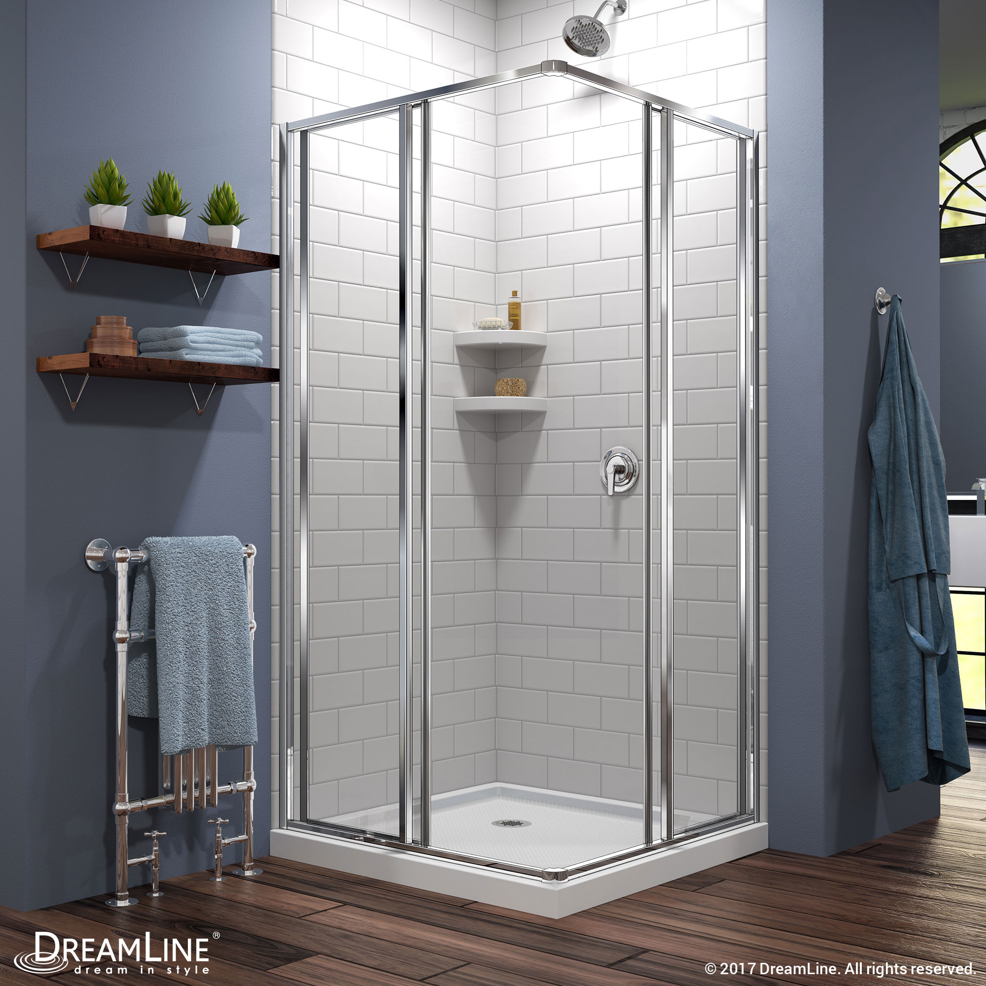 Cornerview Framed Sliding Shower Enclosure & SlimLine 36" by 36" Double Threshold Shower Base