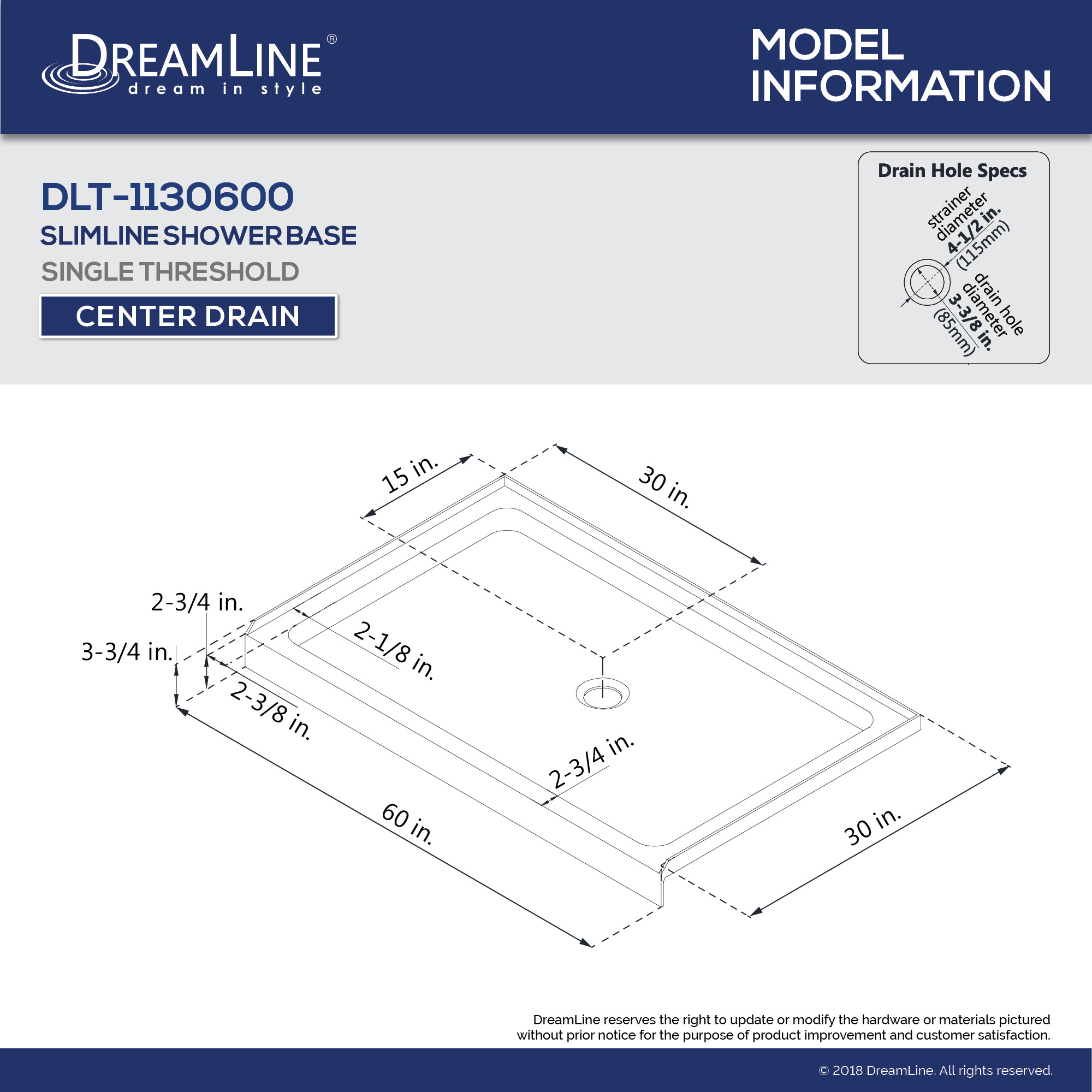 DreamLine Encore 30 in. D x 60 in. W x 78 3/4 in. H Bypass Shower Door in Brushed Nickel and Center Drain Biscuit Base Kit