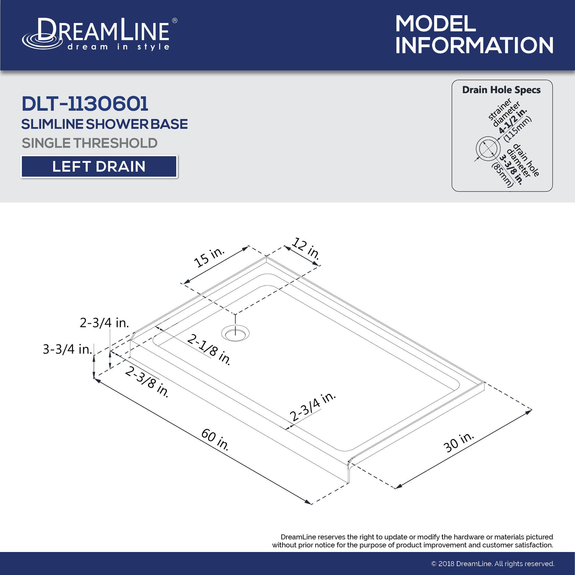 DreamLine Duet 30 in. D x 60 in. W x 74 3/4 in. H Bypass Shower Door in Chrome with Left Drain Biscuit Base Kit