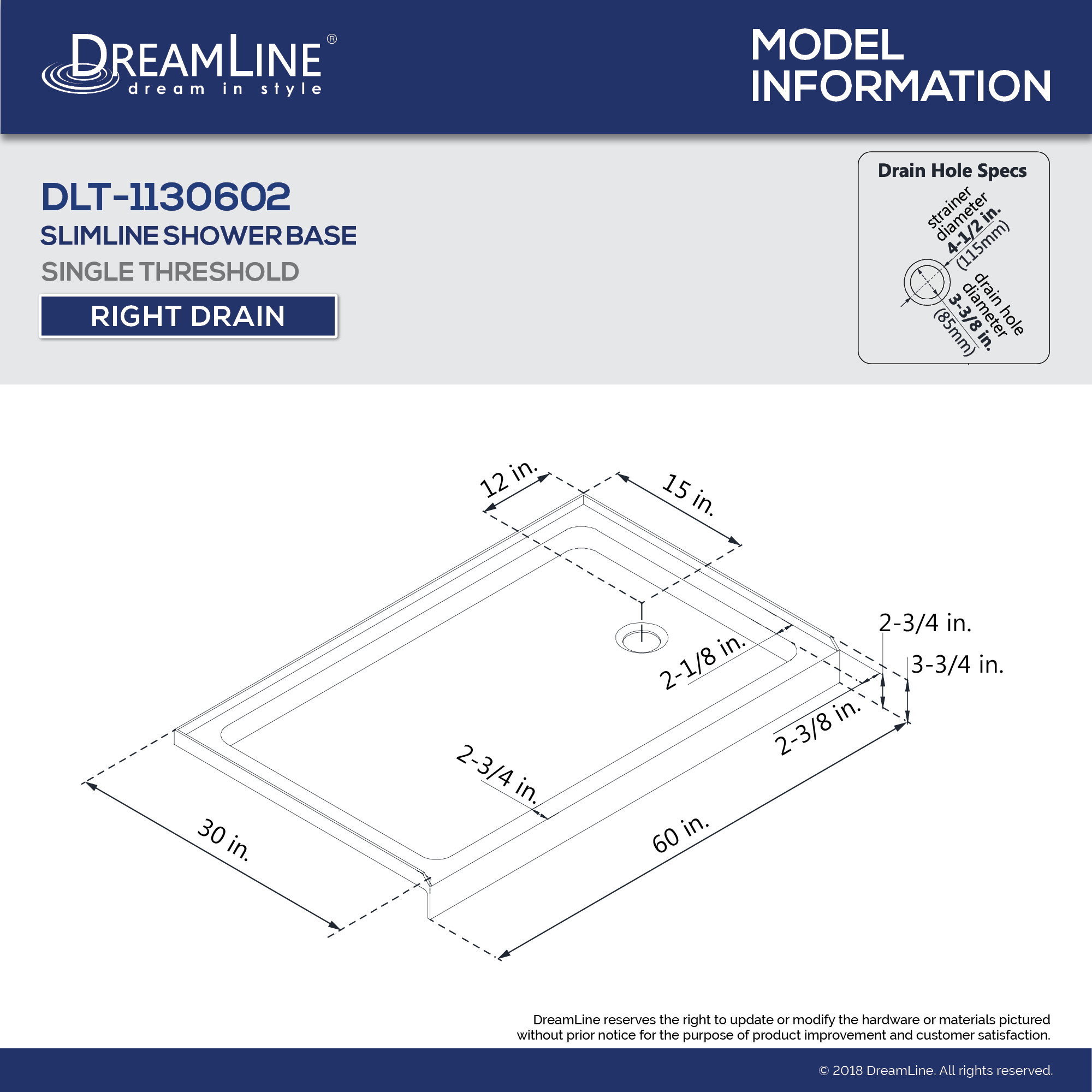 DreamLine Encore 30 in. D x 60 in. W x 78 3/4 in. H Bypass Shower Door in Brushed Nickel and Right Drain Biscuit Base Kit
