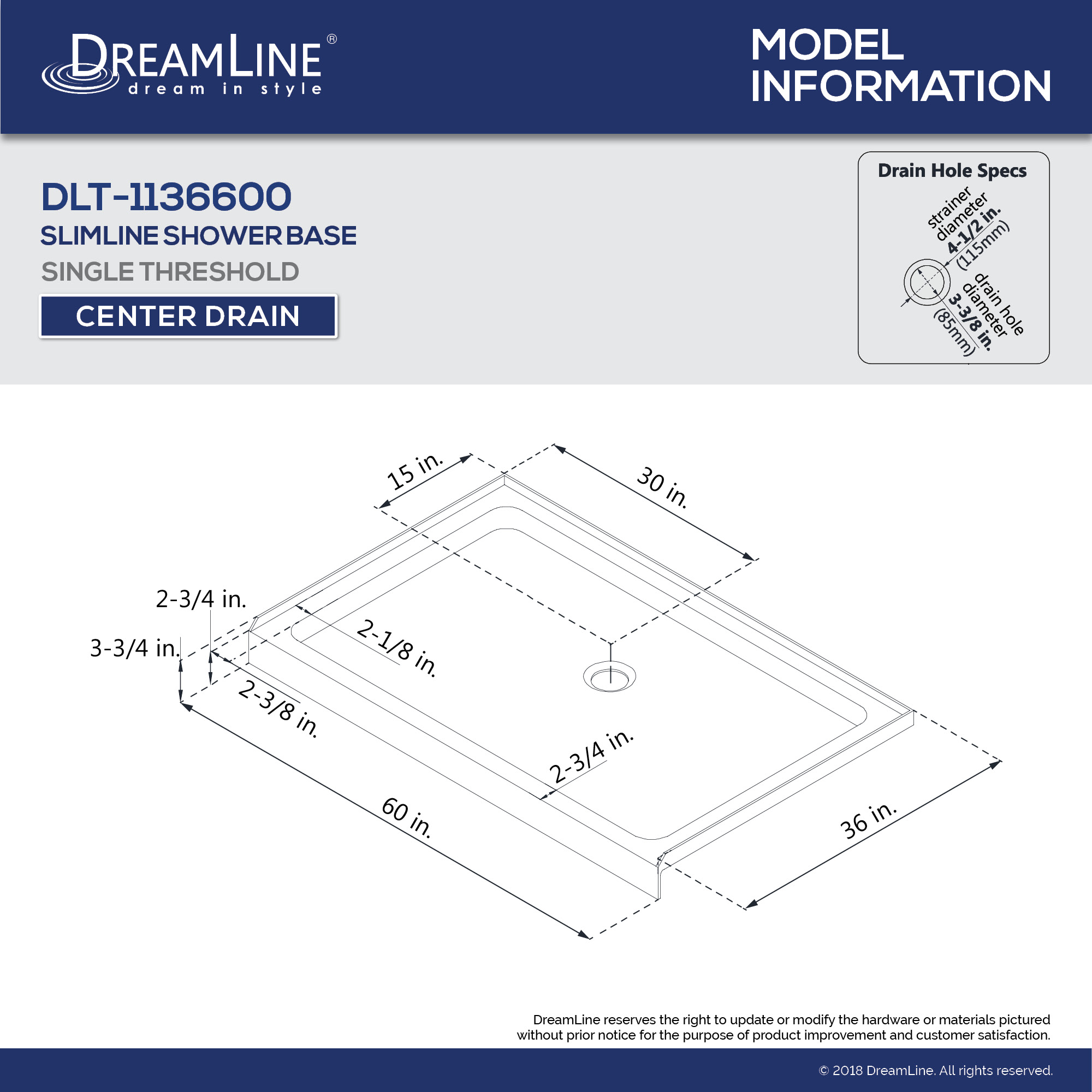 DreamLine Encore 36 in. D x 60 in. W x 78 3/4 in. H Bypass Shower Door in Satin Black and Center Drain White Base Kit