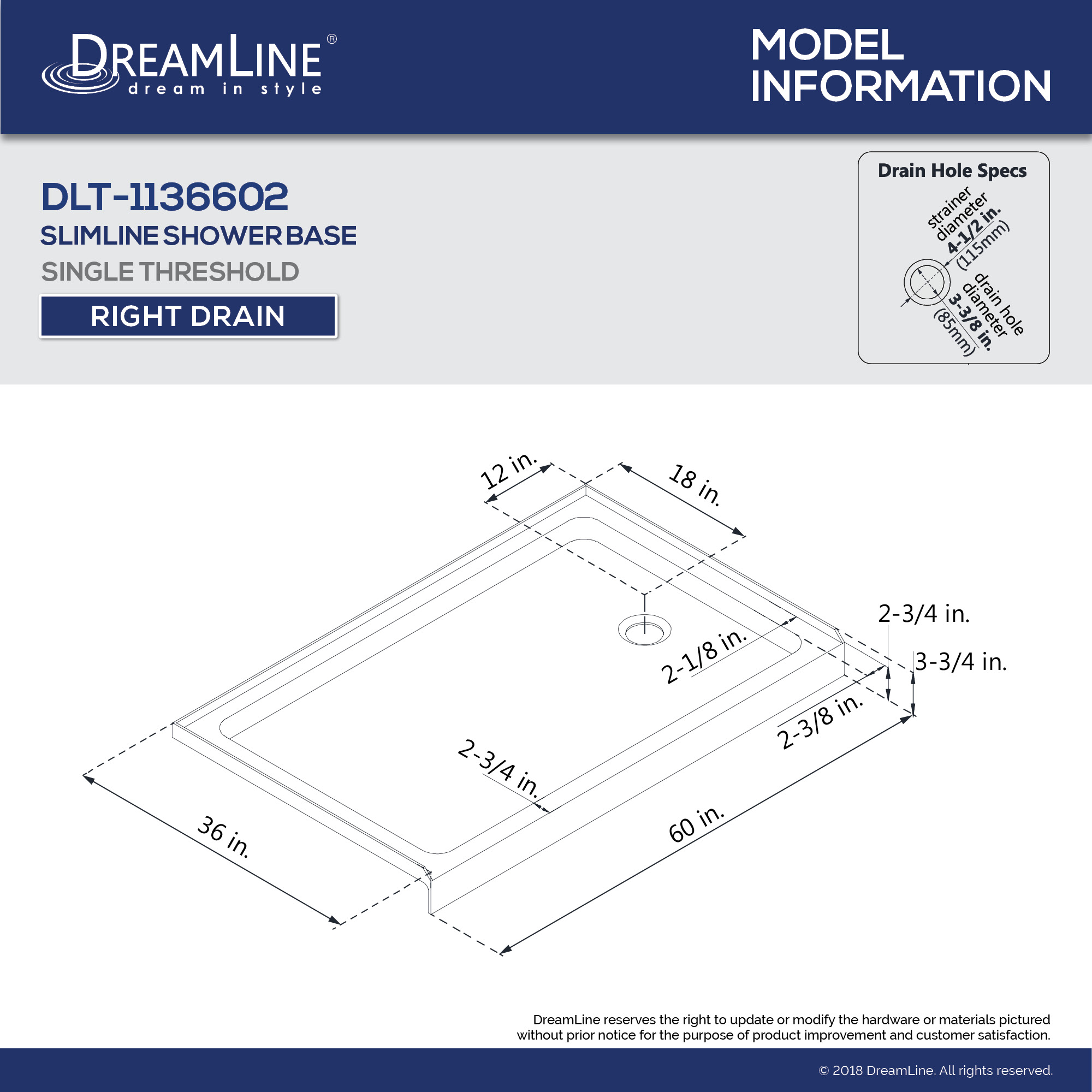 DreamLine Encore 36 in. D x 60 in. W x 78 3/4 in. H Bypass Shower Door in Chrome and Right Drain Biscuit Base Kit