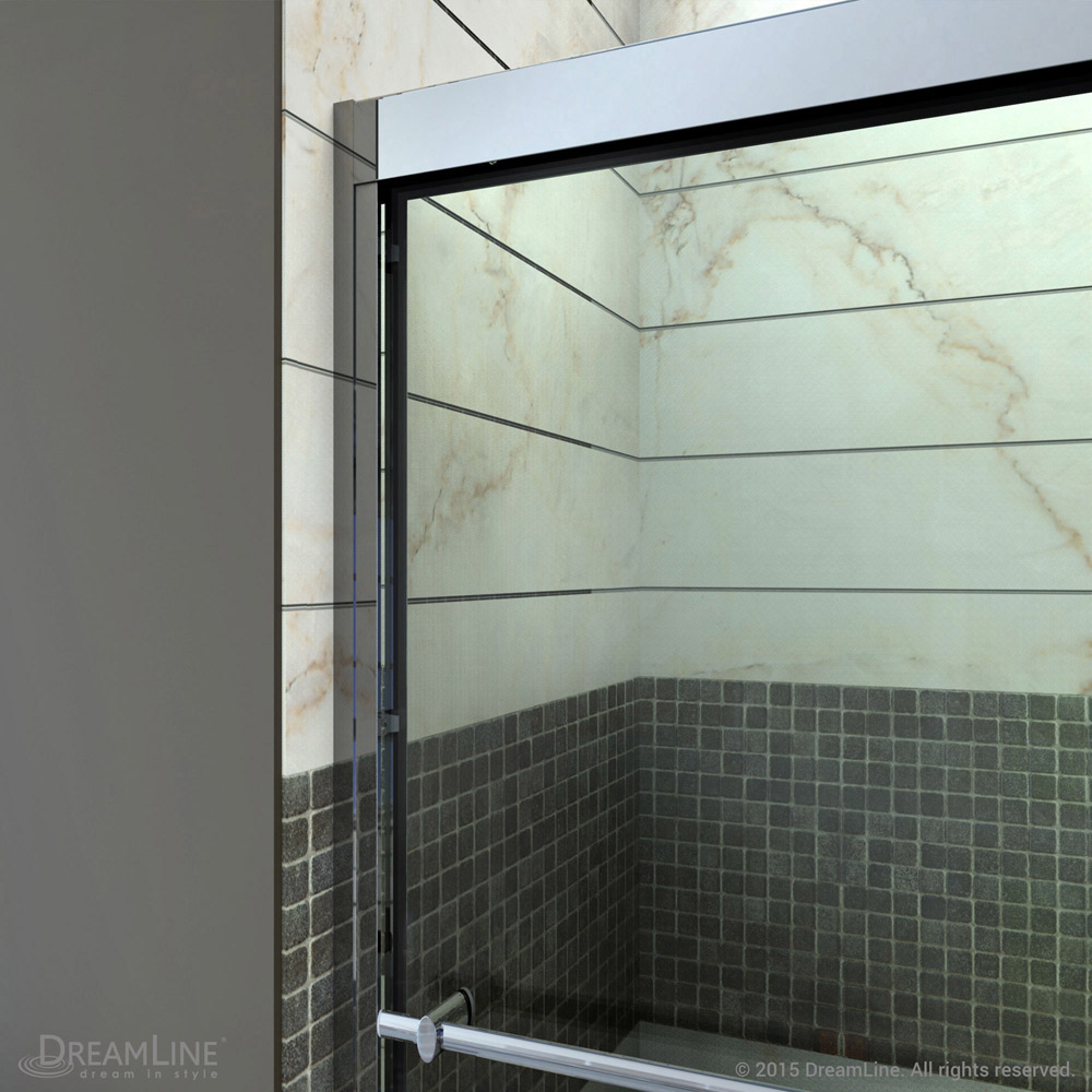 DreamLine Duet 34 in. D x 60 in. W x 74 3/4 in. H Bypass Shower Door in Brushed Nickel with Right Drain Biscuit Base Kit