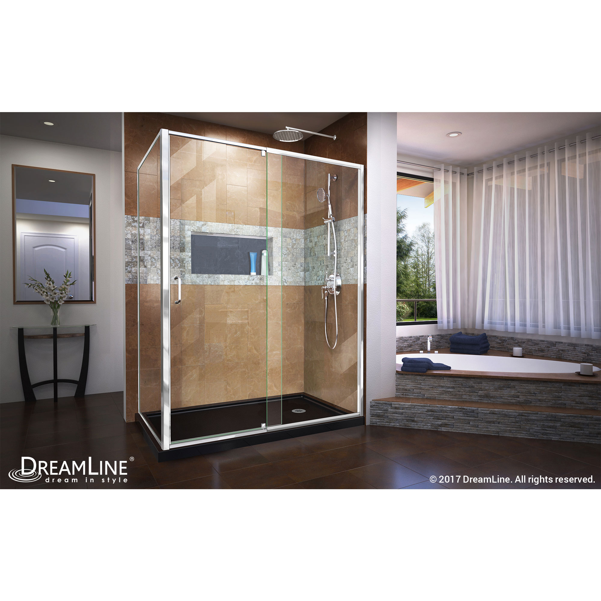 DreamLine Flex 36 in. D x 60 in. W Semi-Frameless Pivot Shower Enclosure in Chrome with Right Drain Black Acrylic Base Kit