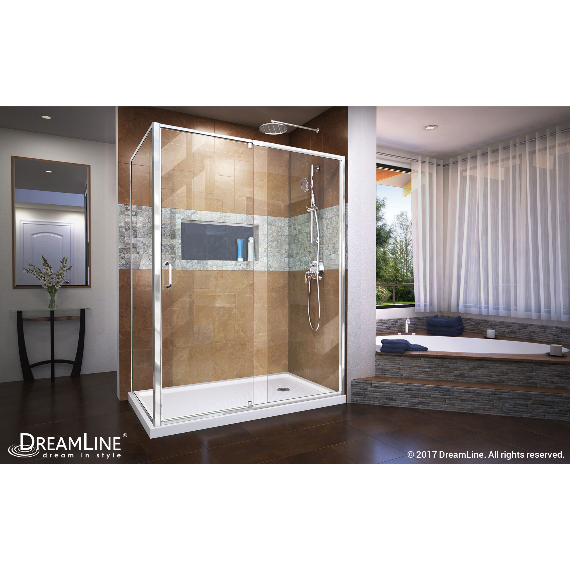 DreamLine Flex 36 in. D x 60 in. W Semi-Frameless Pivot Shower Enclosure in Chrome with Right Drain White Acrylic Base Kit