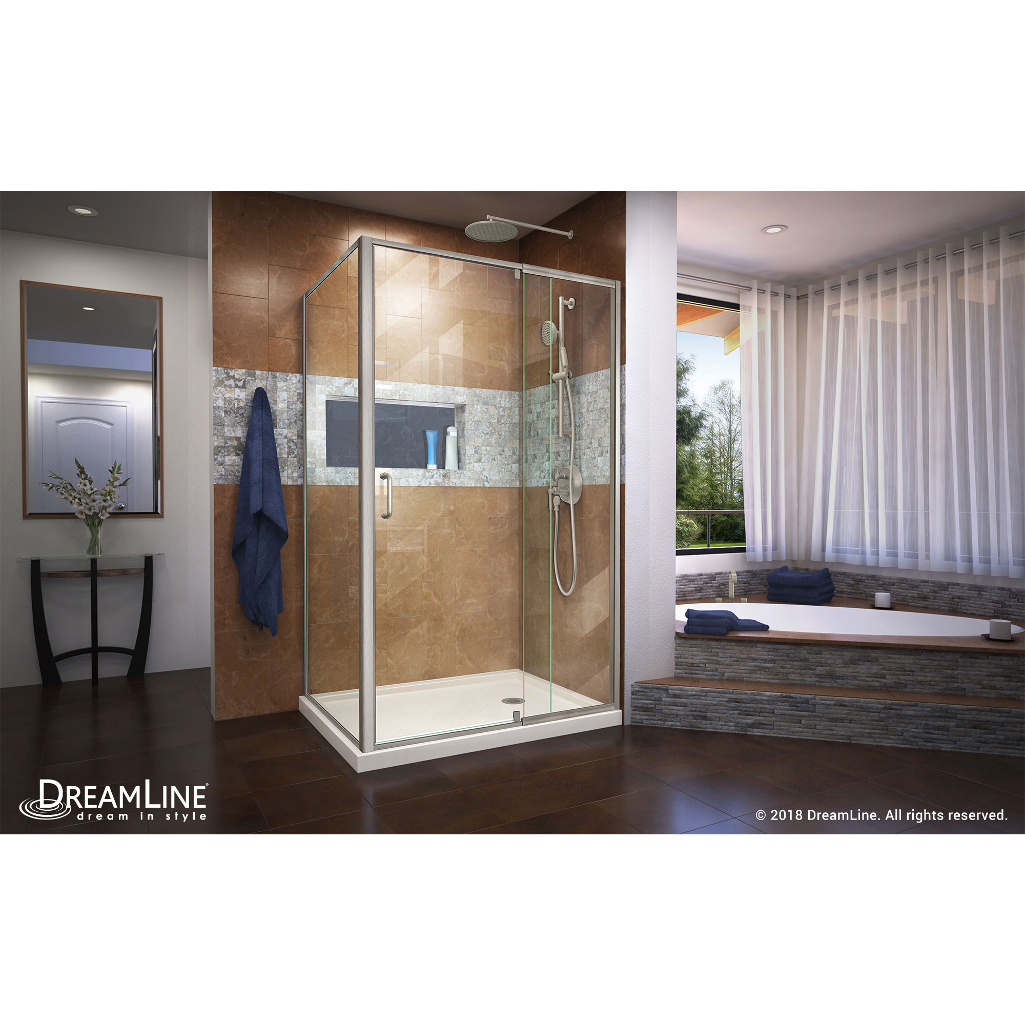 DreamLine Flex 36 in. D x 48 in. W x 74 3/4 in. H Semi-Frameless Shower Enclosure in Brushed Nickel with Right Drain Biscuit Bas