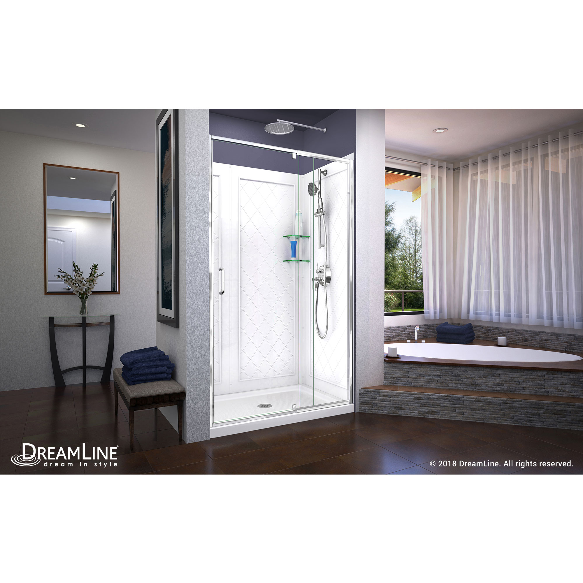 DreamLine Flex 36 in. D x 48 in. W x 76 3/4 in. H Pivot Shower Door in Chrome with Center Drain White Base and Backwall Kit