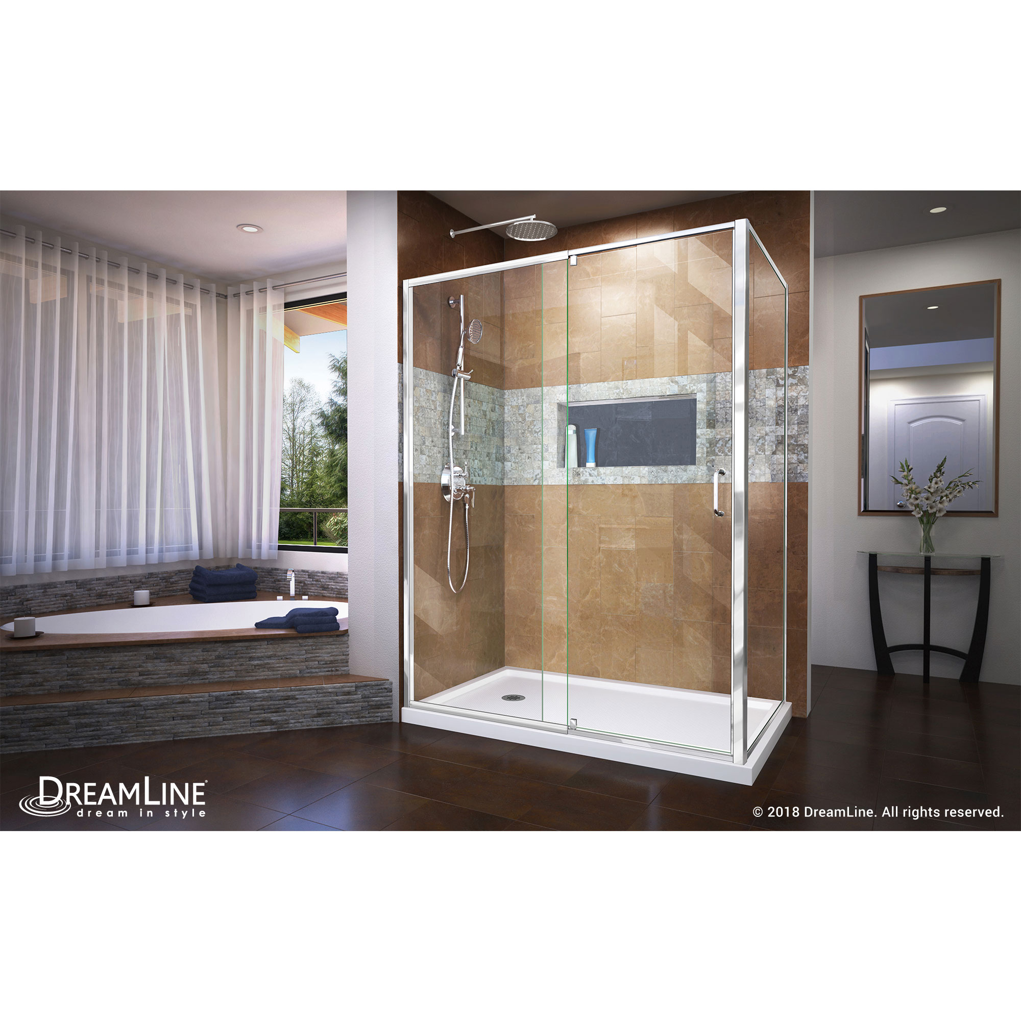 DreamLine Flex 36 in. D x 60 in. W Semi-Frameless Pivot Shower Enclosure in Chrome with Left Drain White Acrylic Base Kit