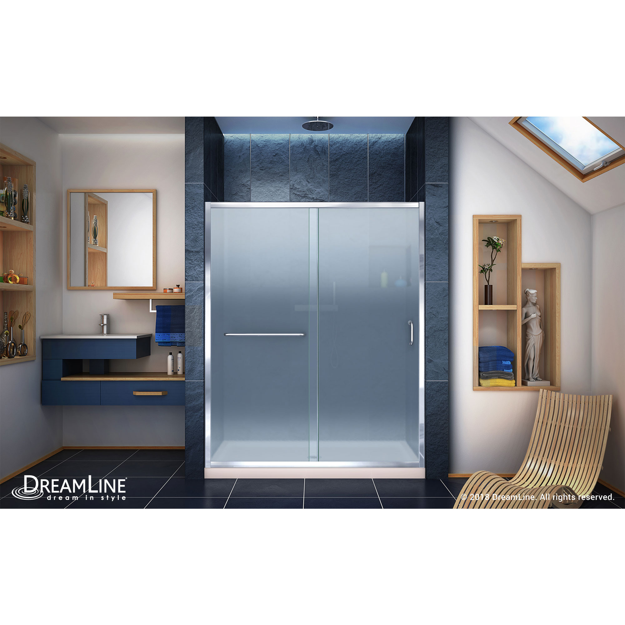 DreamLine Infinity-Z 30 in. D x 60 in. W x 74 3/4 in. H Frosted Sliding Shower Door in Chrome and Center Drain Biscuit Base