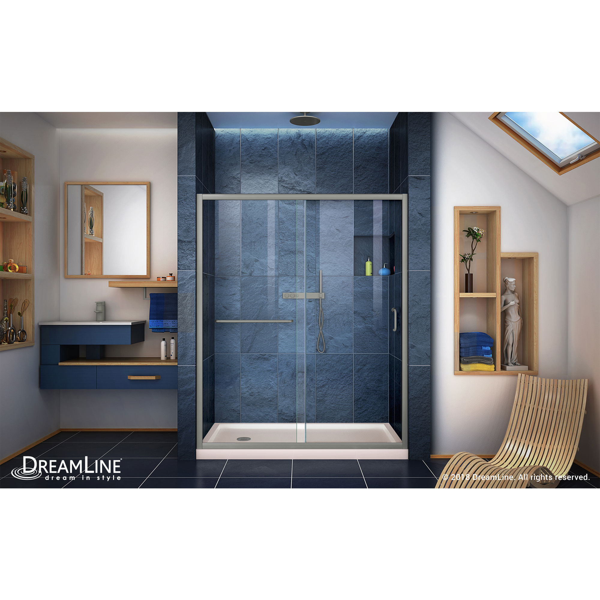 DreamLine Infinity-Z 32 in. D x 60 in. W x 74 3/4 in. H Clear Sliding Shower Door in Brushed Nickel and Left Drain Biscuit Base