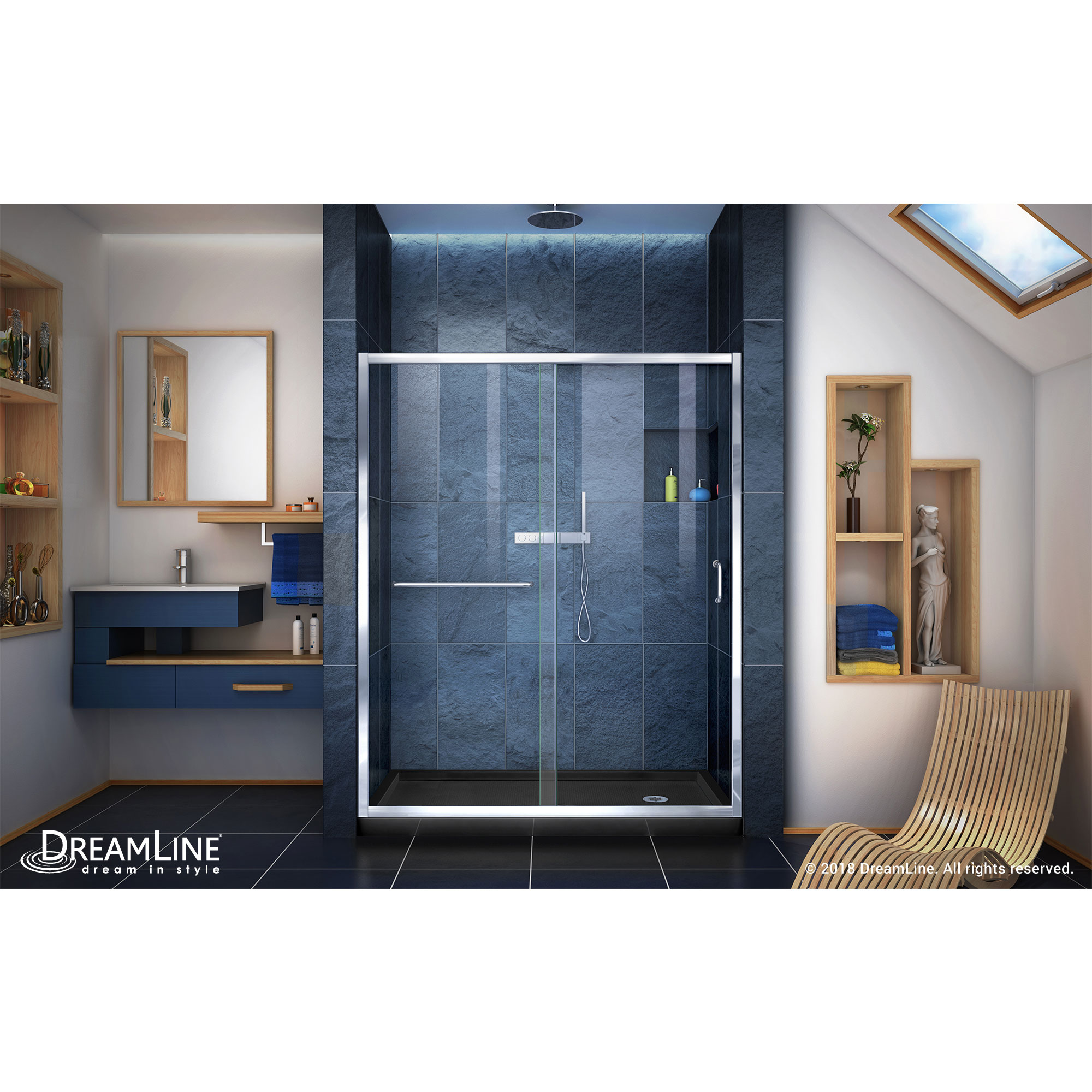 DreamLine Infinity-Z 36 in. D x 60 in. W x 74 3/4 in. H Clear Sliding Shower Door in Chrome and Right Drain Black Base