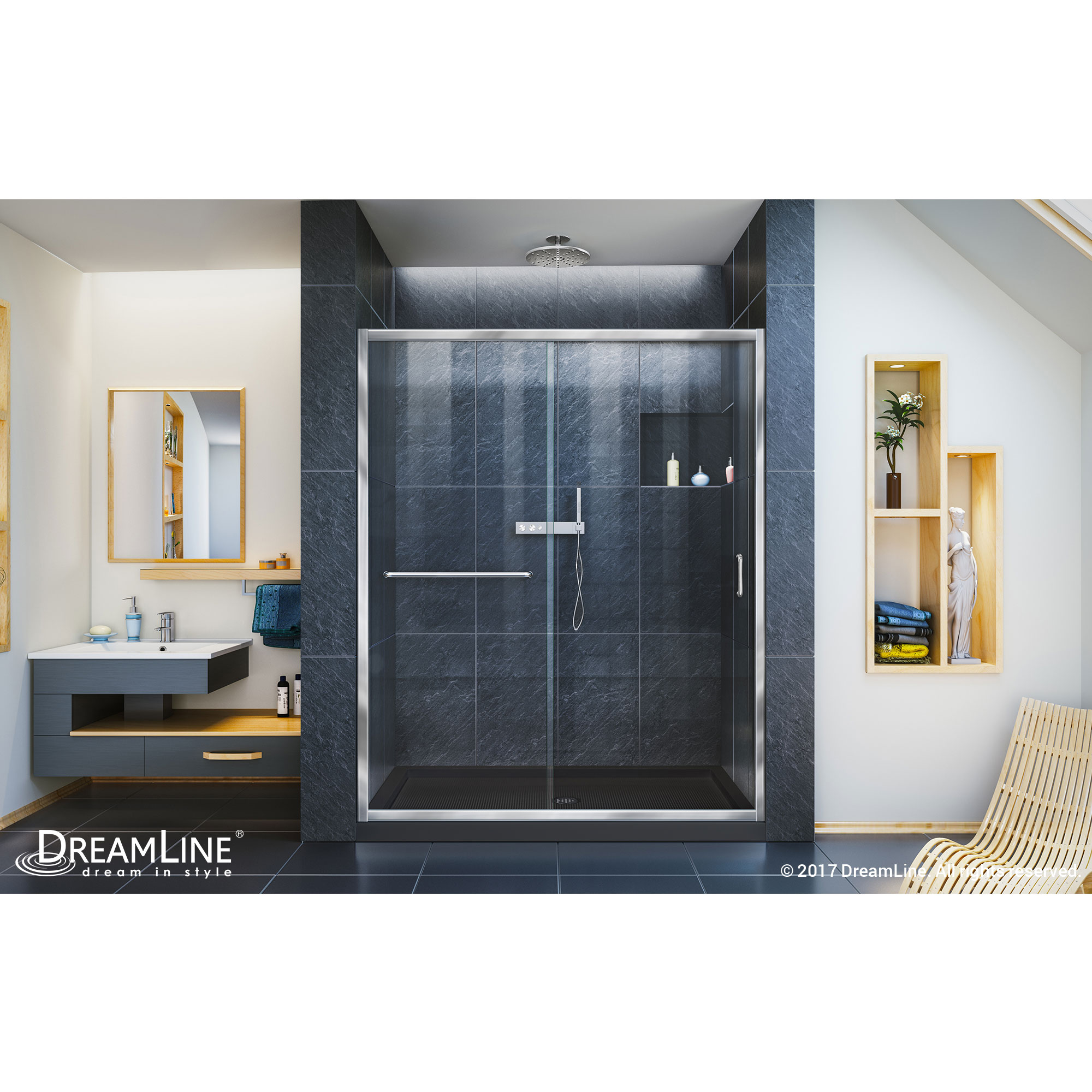 DreamLine Infinity-Z 36 in. D x 60 in. W x 74 3/4 in. H Clear Sliding Shower Door in Chrome and Center Drain Black Base