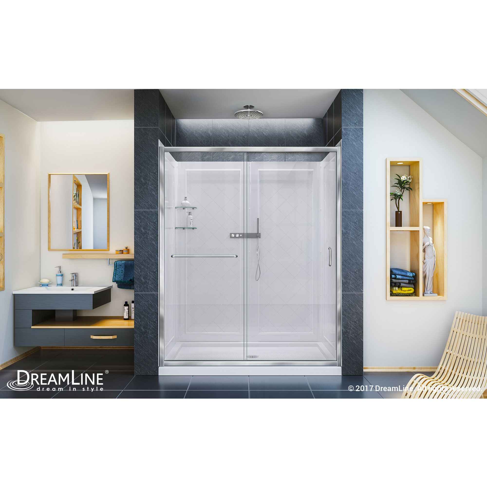 Infinity-Z Frameless Sliding Shower Door, 34" by 60" Shower Base & QWALL-5 Shower Backwall