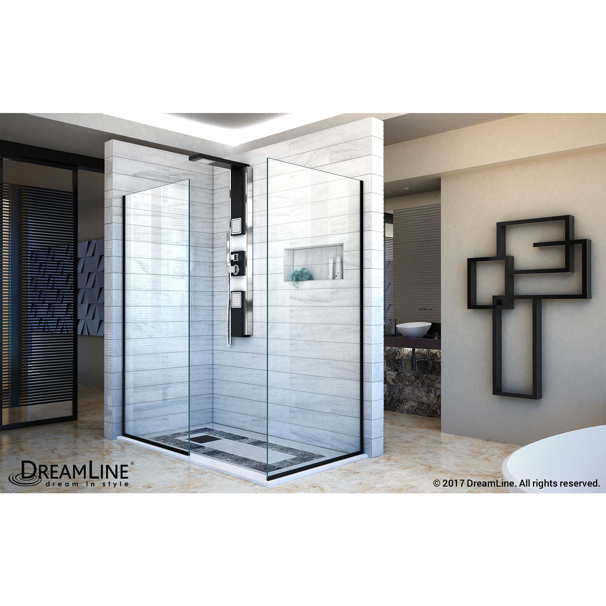 DreamLine Linea Two Individual Frameless Shower Screens 30 in. W x 72 in. H each, Open Entry Design in Satin Black