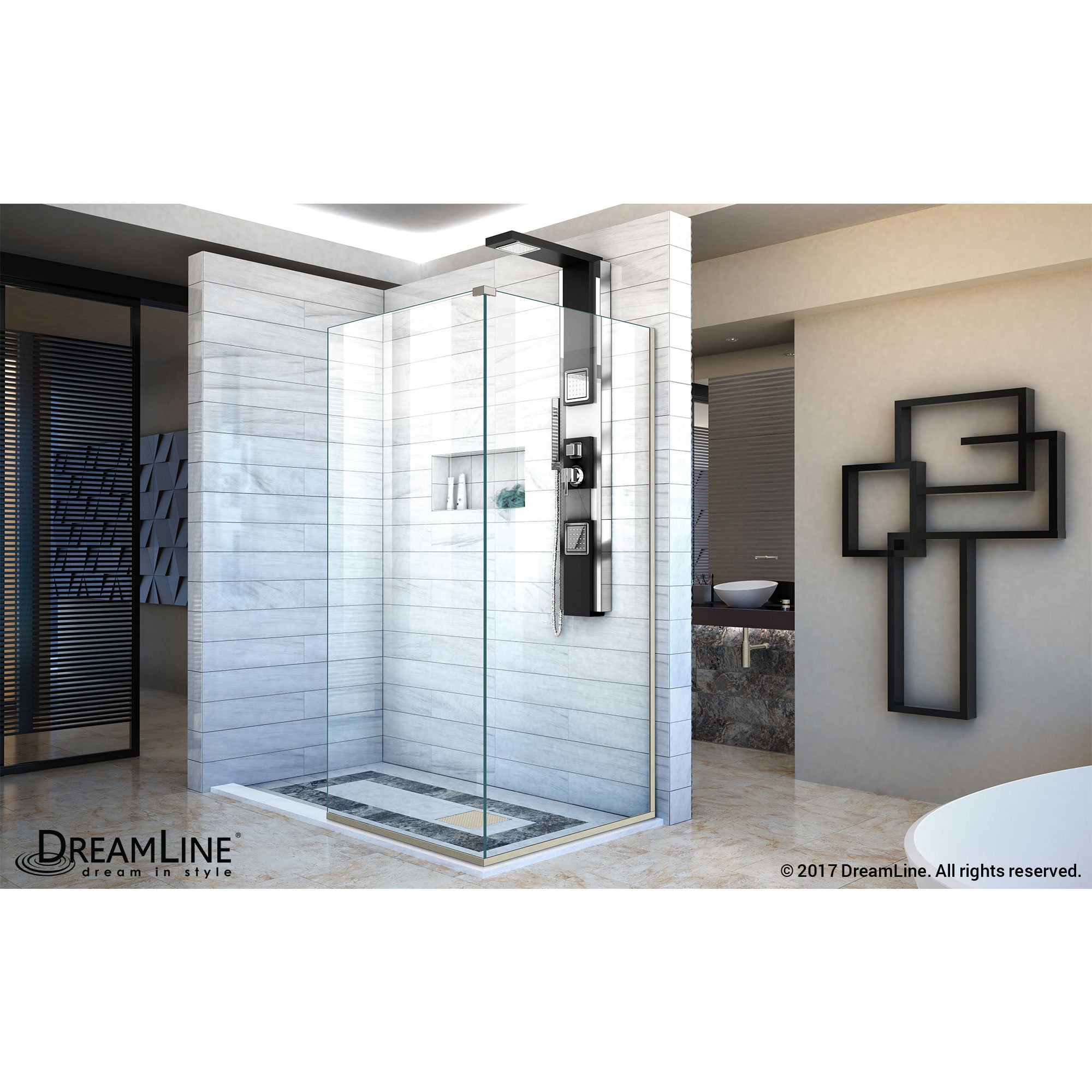 DreamLine Linea Two Adjacent Frameless Shower Screens 30 in. W x 72 in. H each, Open Entry Design in Brushed Nickel