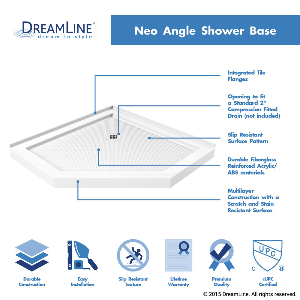 DreamLine 42 in. x 42 in. x 76 3/4 in. H Neo-Angle Shower Base and QWALL-4 Acrylic Corner Backwall Kit in White