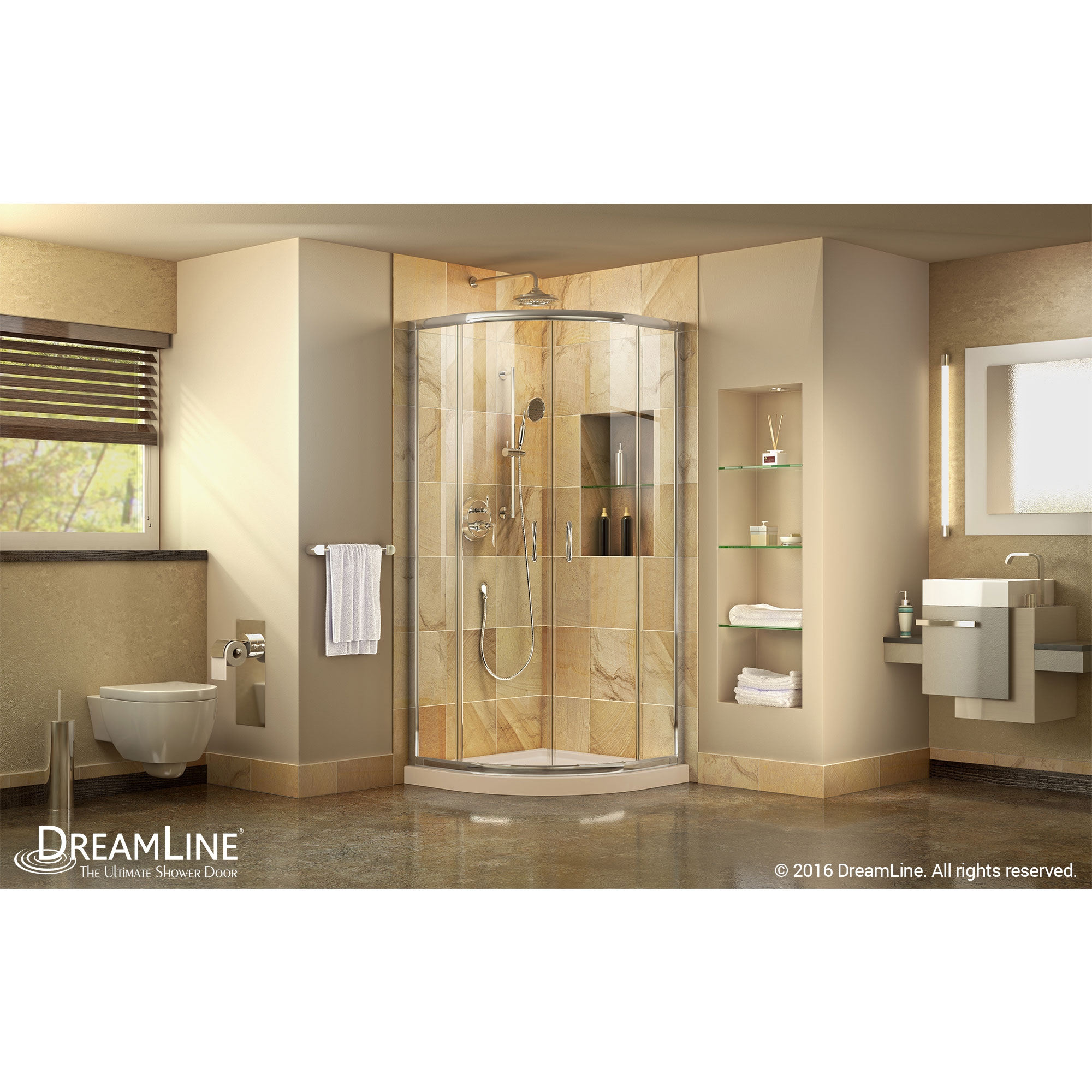 DreamLine Prime 33 in. D x 33 in. W x 74 3/4 in. H Clear Sliding Shower Enclosure in Chrome with Corner Drain Biscuit Base Kit