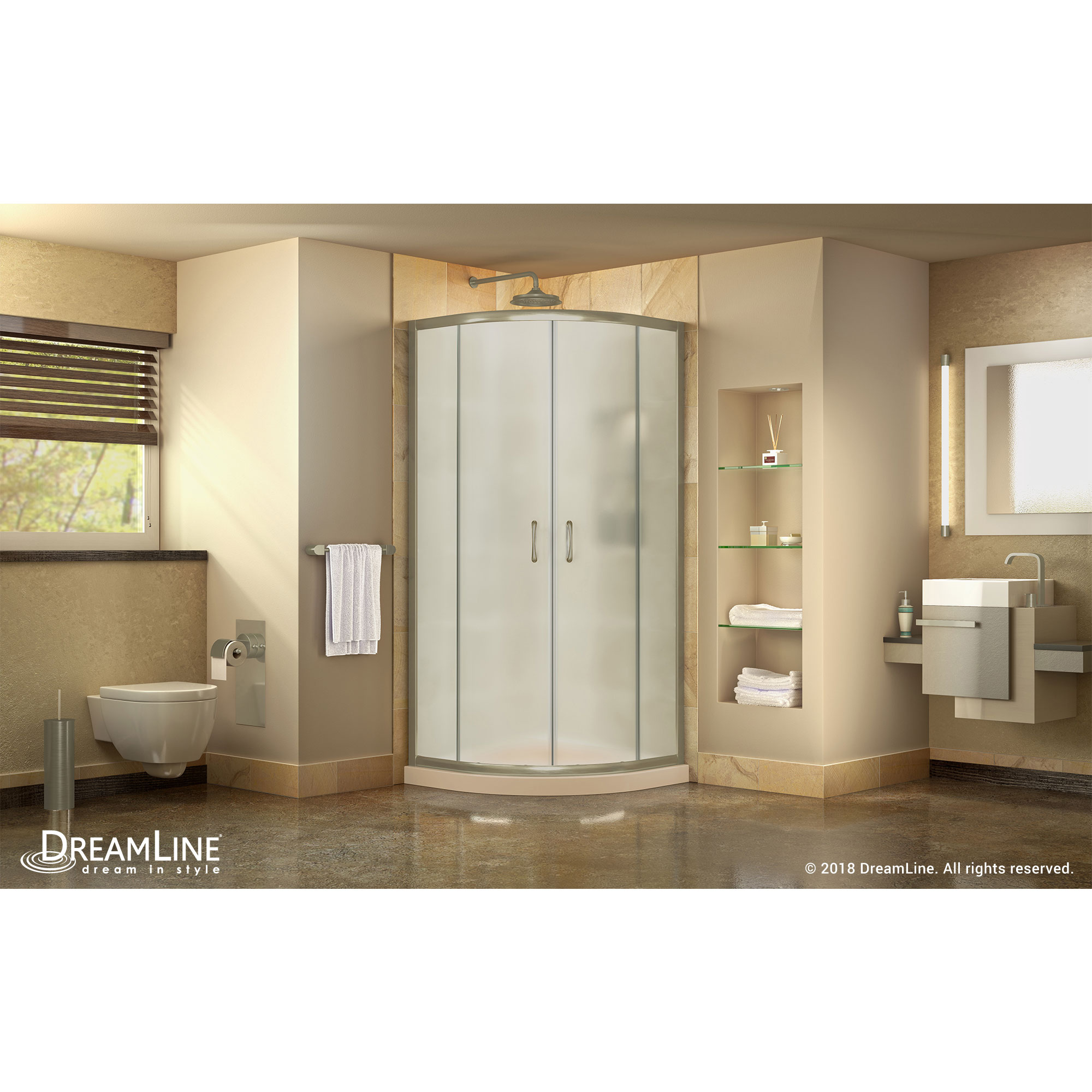 DreamLine Prime 33 in. x 74 3/4 in. Semi-Frameless Frosted Glass Sliding Shower Enclosure in Brushed Nickel with Biscuit Base Ki