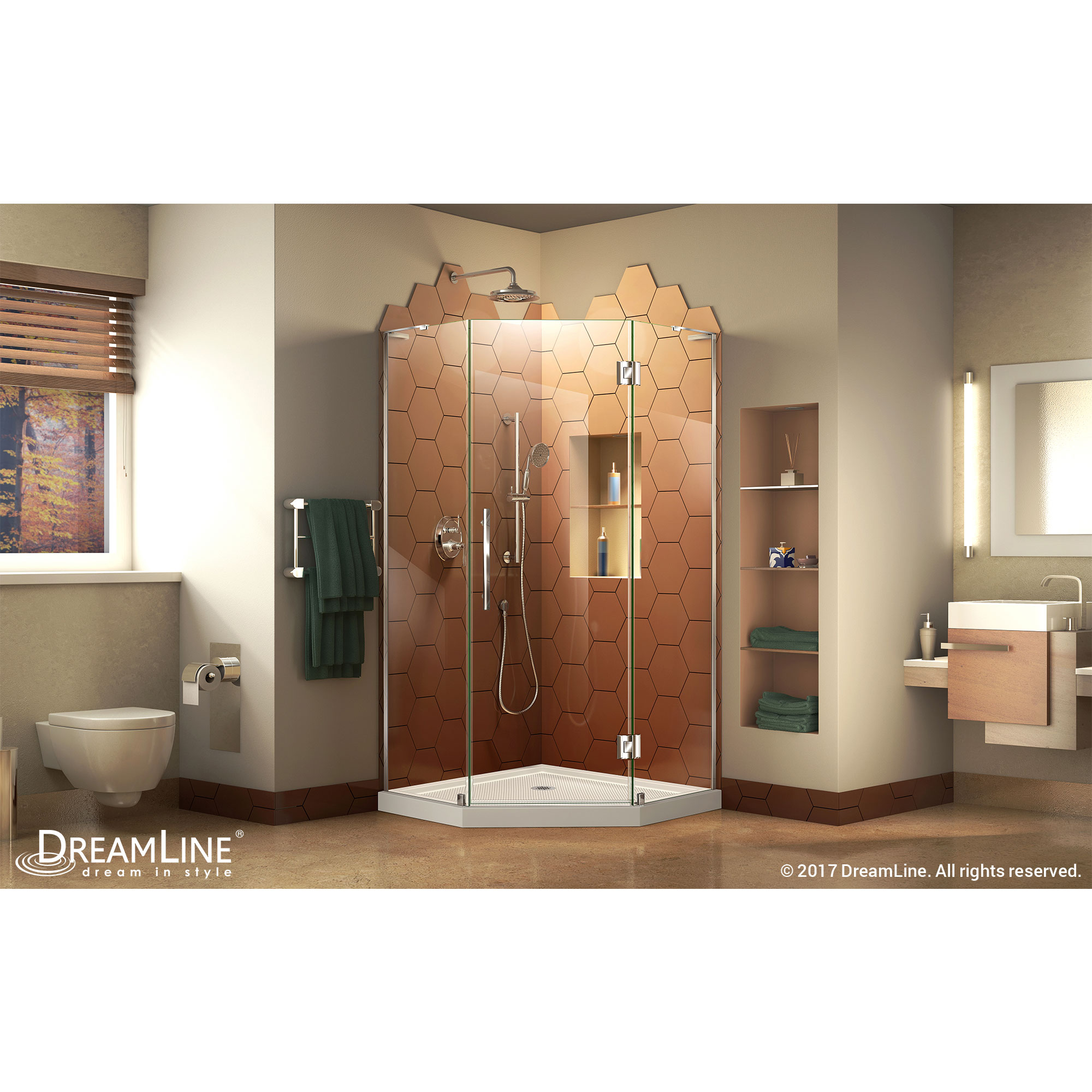 DreamLine Prism Plus 42 in. D x 42 in. W x 74 3/4 in. H Hinged Shower Enclosure in Chrome with Corner Drain Biscuit Base