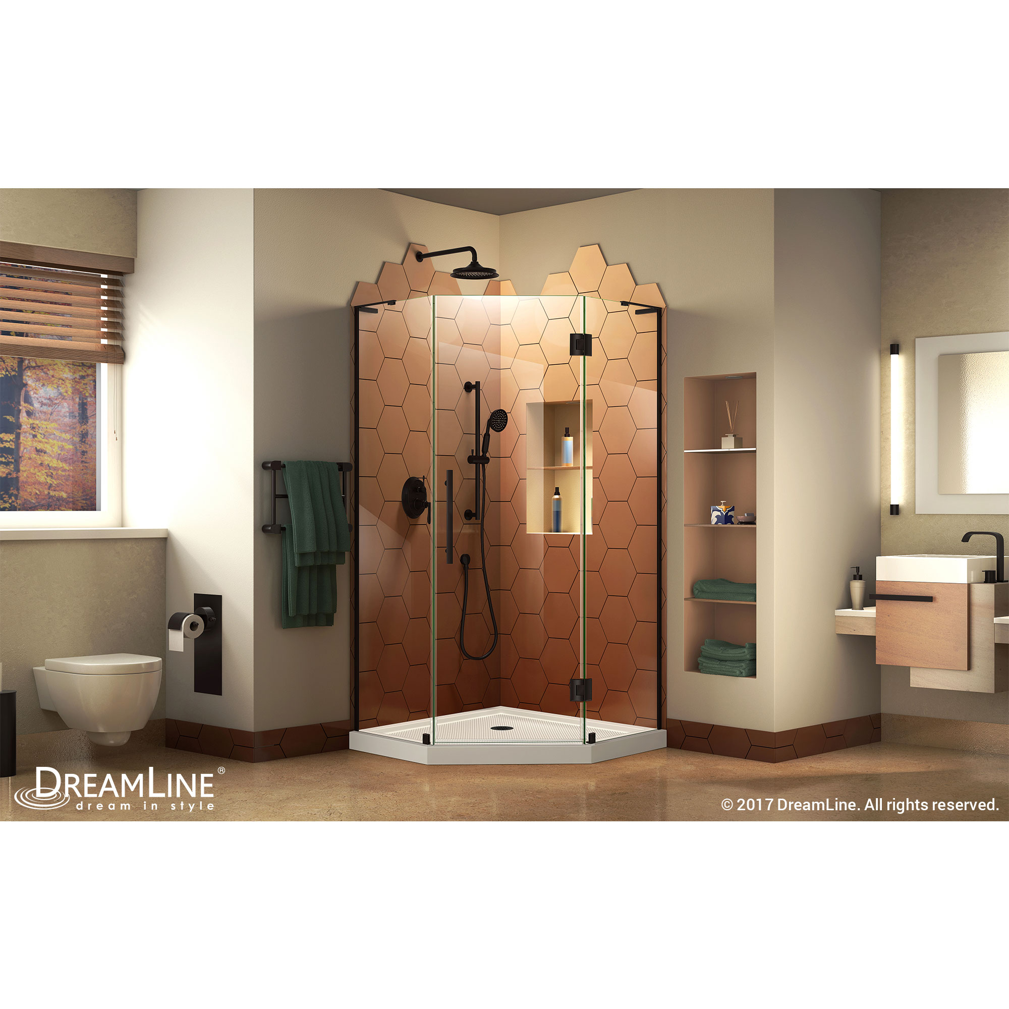 DreamLine Prism Plus 40 in. D x 40 in. W x 74 3/4 in. H Hinged Shower Enclosure in Satin Black with Corner Drain White Base