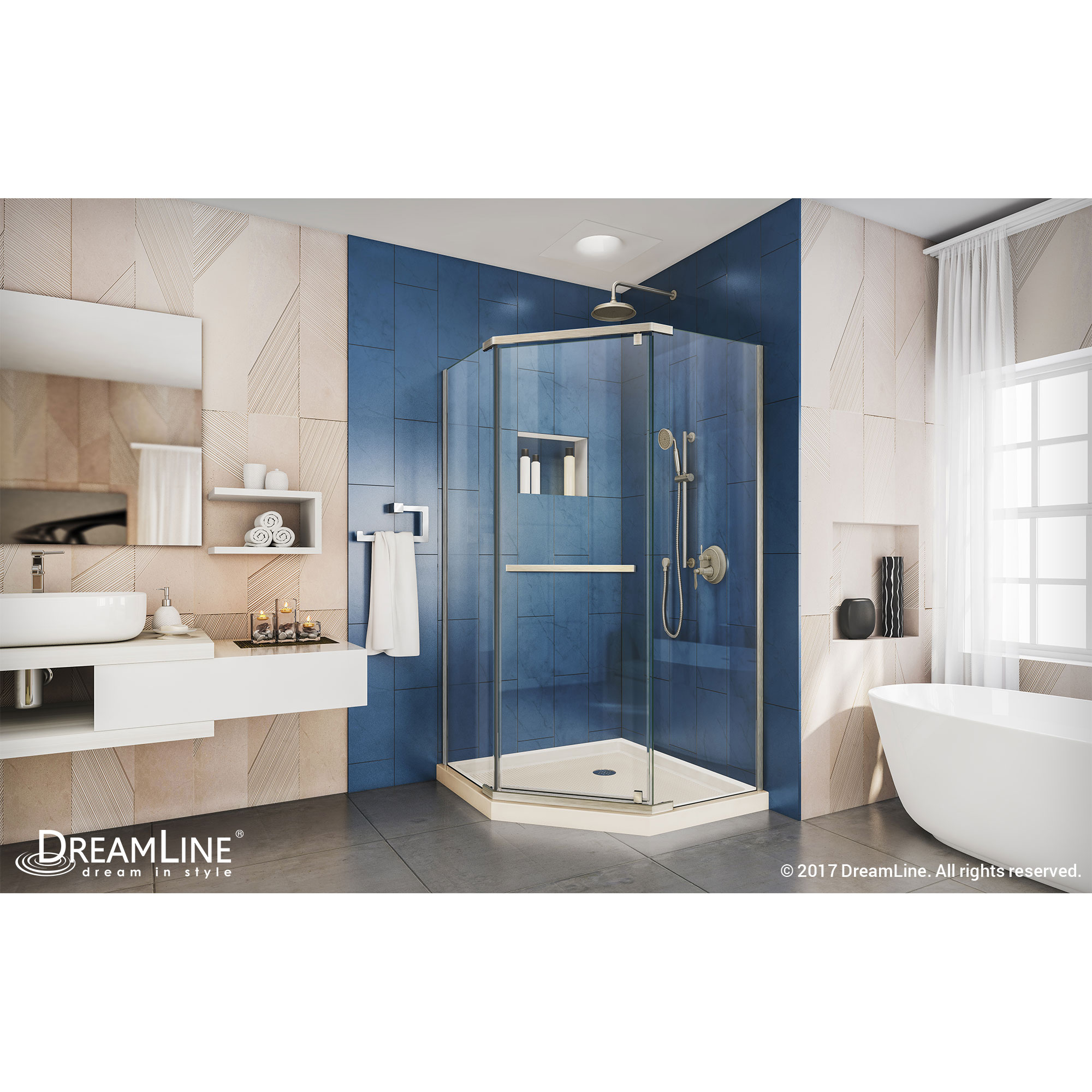 DreamLine Prism 40 in. D x 40 in. W x 74 3/4 H Pivot Shower Enclosure in Brushed Nickel and Corner Drain Biscuit Base Kit