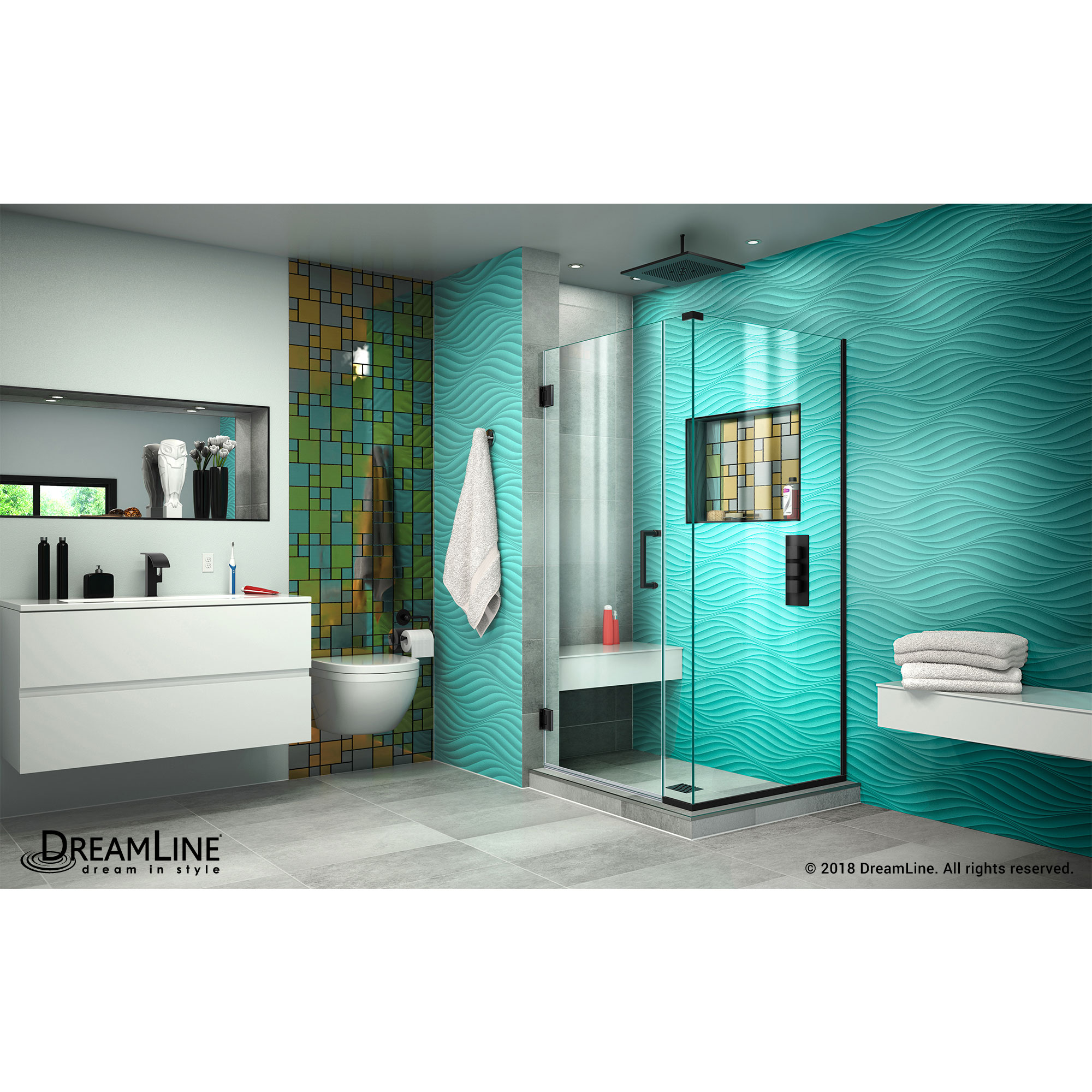 DreamLine Unidoor Plus 33 in. W x 34 3/8 in. D x 72 in. H Frameless Hinged Shower Enclosure, Clear Glass, Satin Black