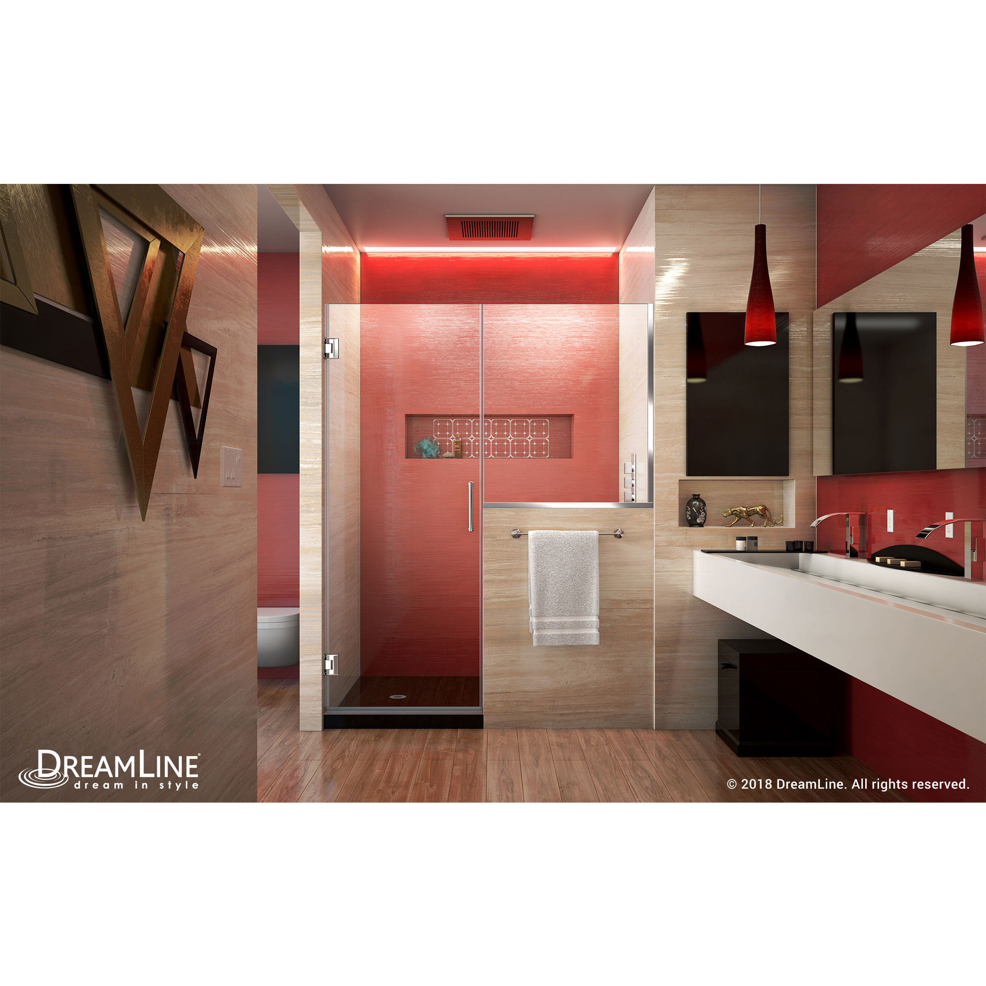 DreamLine Unidoor Plus 64-64 1/2 in. W x 72 in. H Hinged Shower Door with 34 in. Half Panel, Clear Glass, Chrome