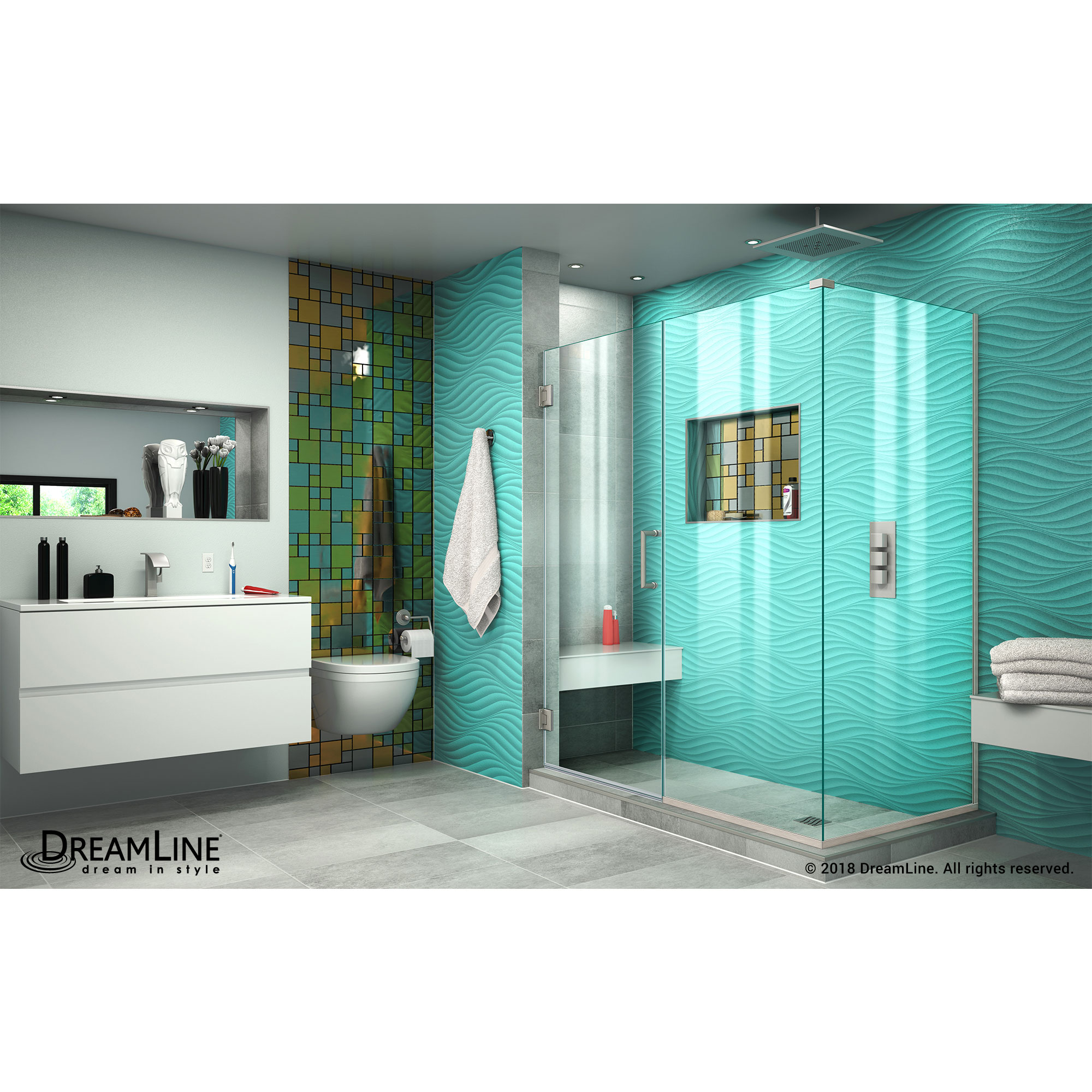 DreamLine Unidoor Plus 59 in. W x 34 3/8 in. D x 72 in. H Frameless Hinged Shower Enclosure, Clear Glass, Brushed Nickel