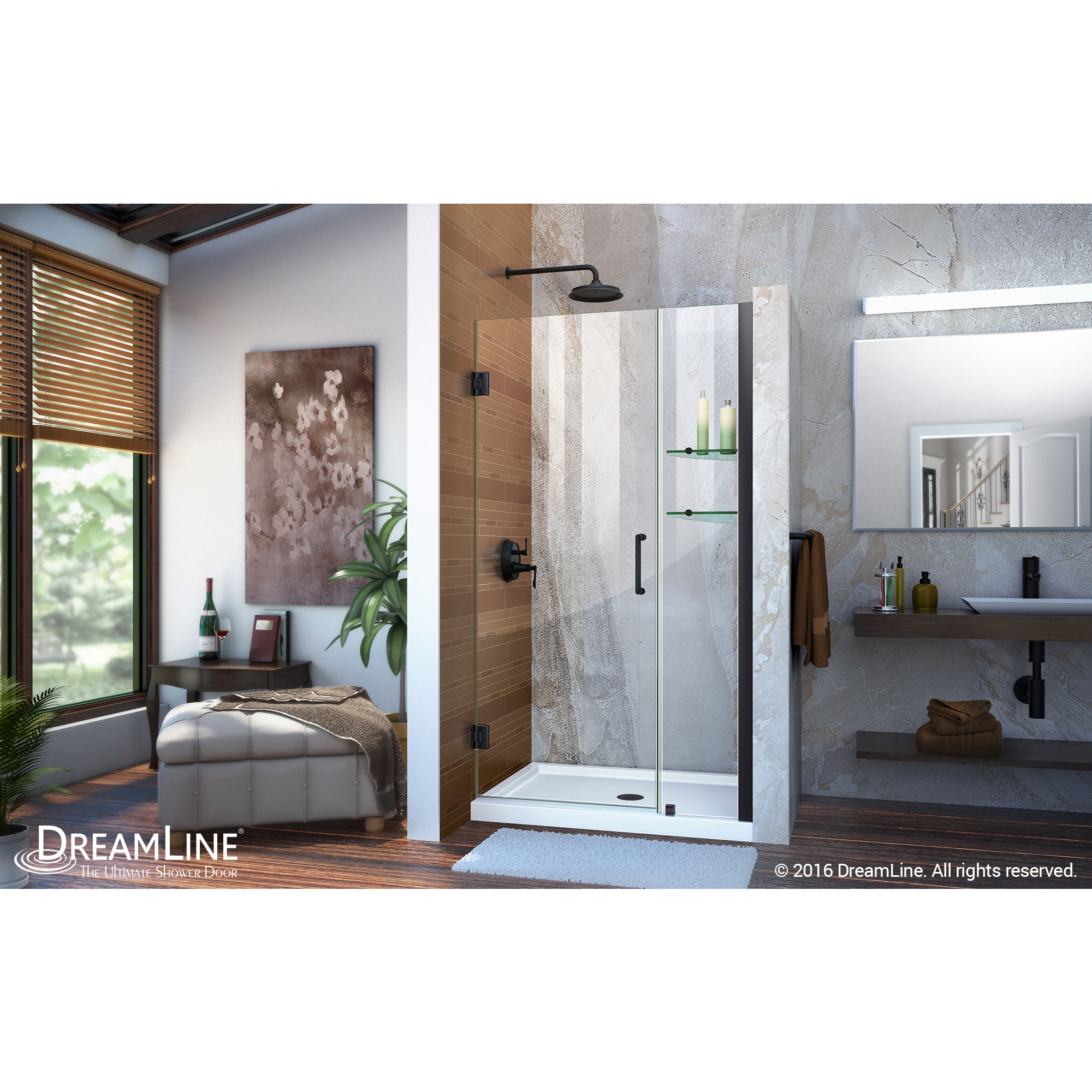 DreamLine Unidoor 40-41 in. W x 72 in. H Frameless Hinged Shower Door with Shelves in Satin Black