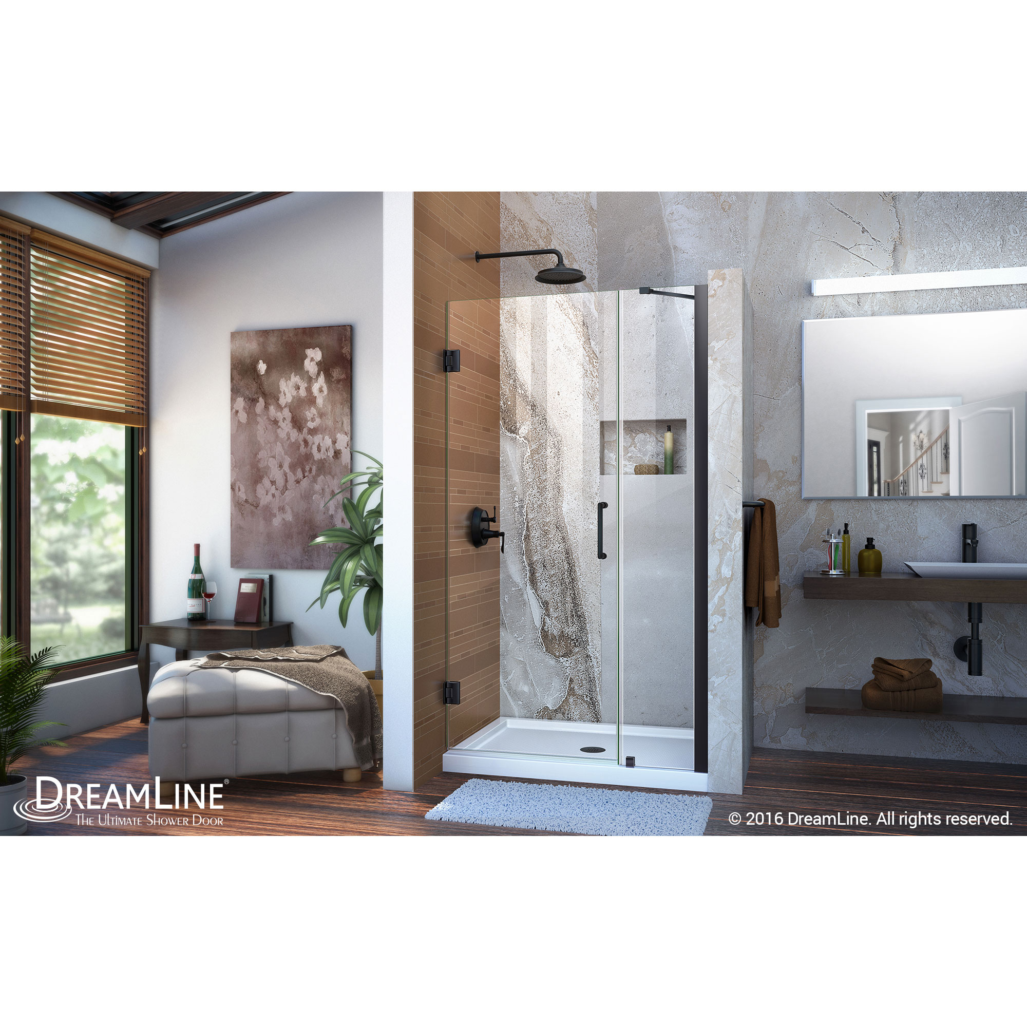 DreamLine Unidoor 36-37 in. W x 72 in. H Frameless Hinged Shower Door with Support Arm in Satin Black
