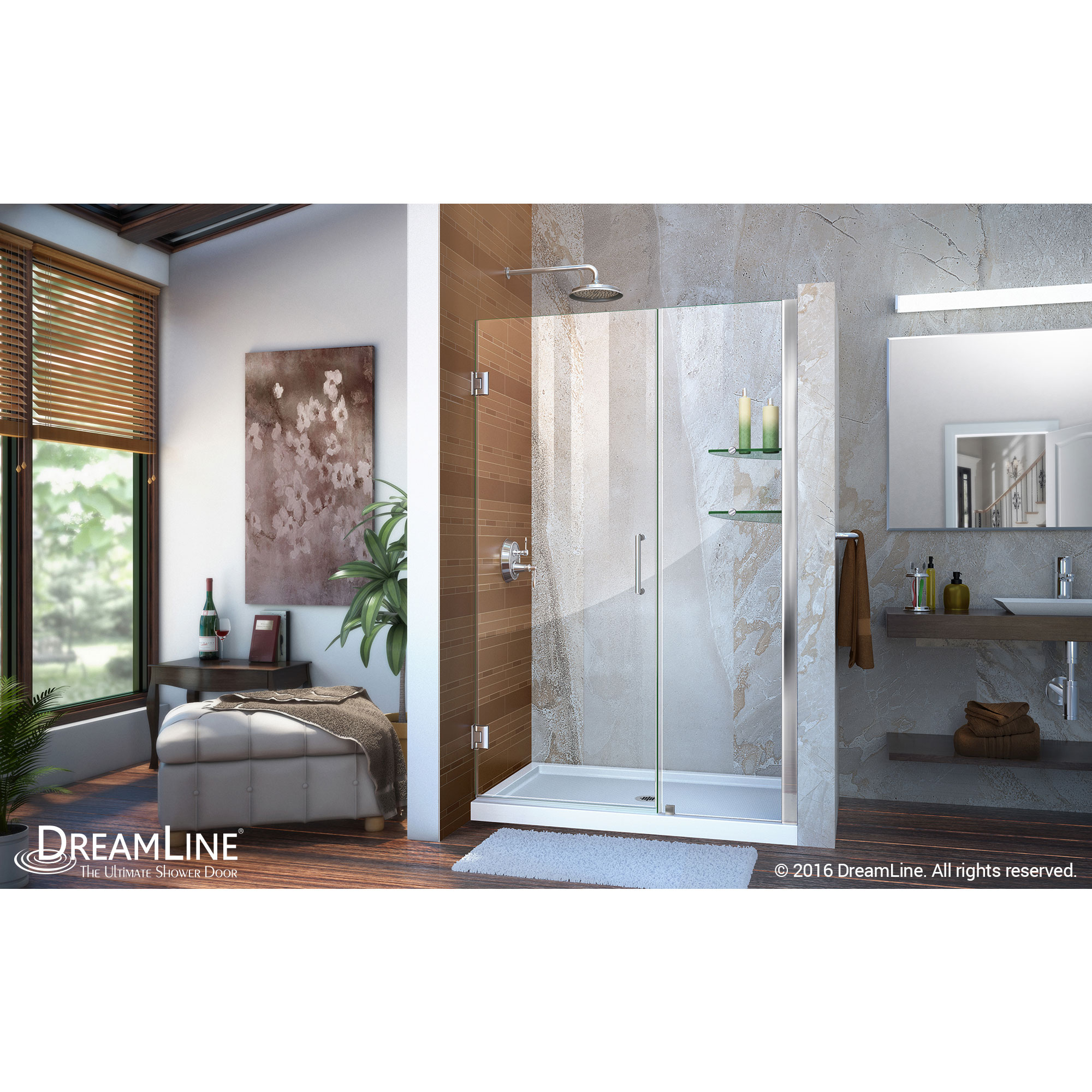 Unidoor 43 to 44" Frameless Hinged Shower Door, Clear 3/8" Glass Door, Chrome