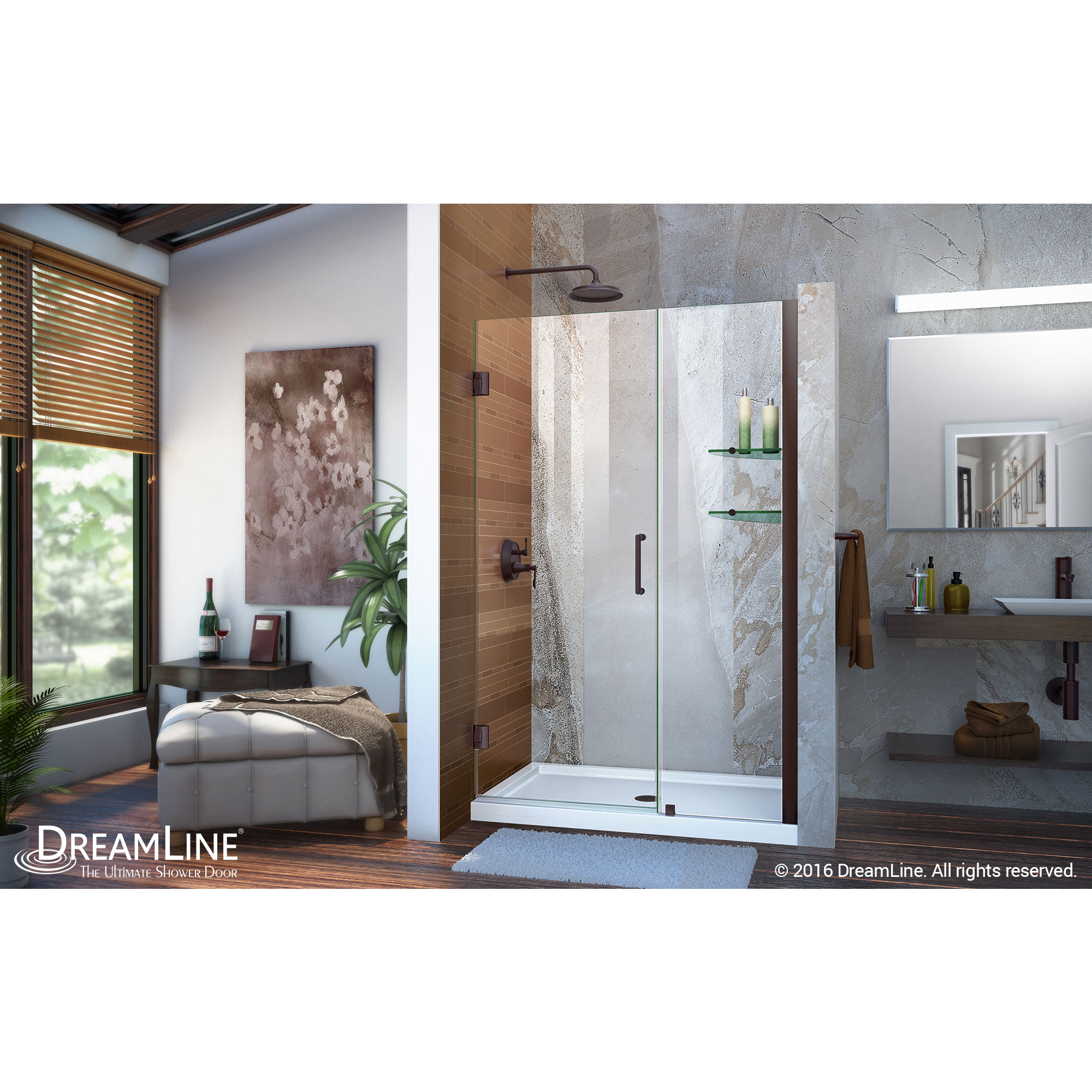 Unidoor 44 to 45" Frameless Hinged Shower Door, Clear 3/8" Glass Door, Oil Rubbed Bronze