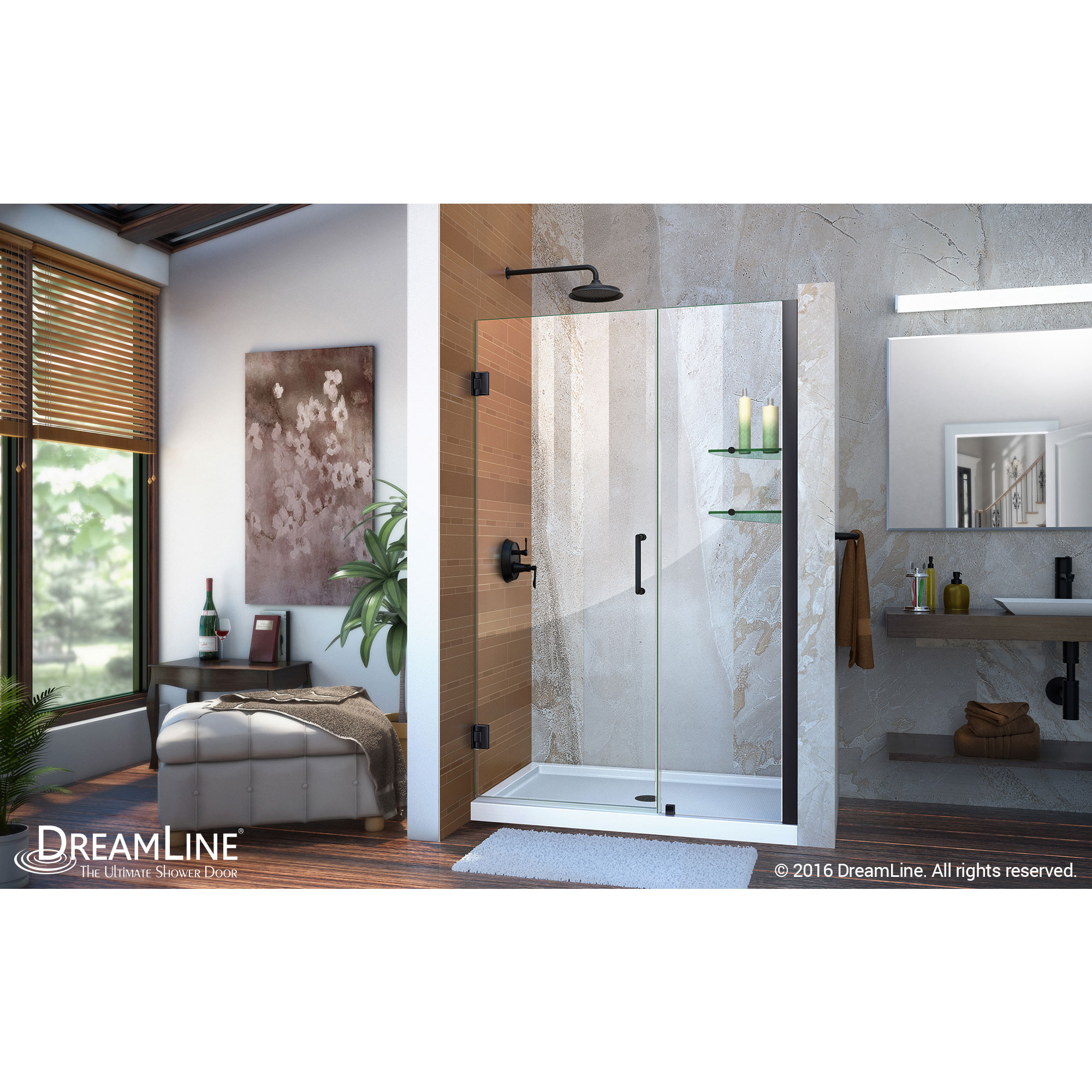 DreamLine Unidoor 43-44 in. W x 72 in. H Frameless Hinged Shower Door with Shelves in Satin Black