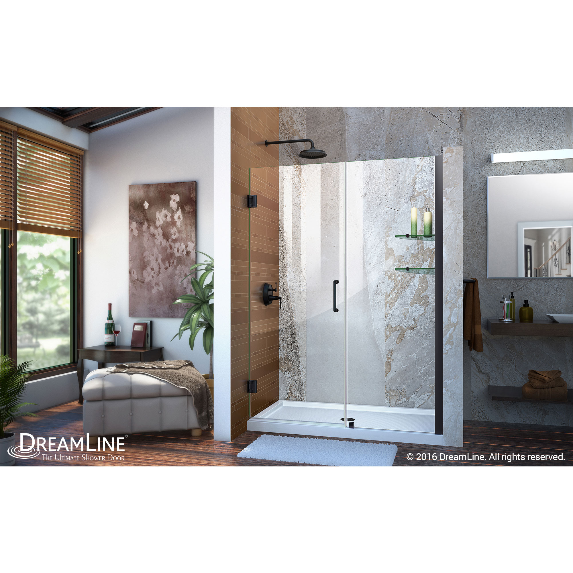DreamLine Unidoor 53-54 in. W x 72 in. H Frameless Hinged Shower Door with Shelves in Satin Black