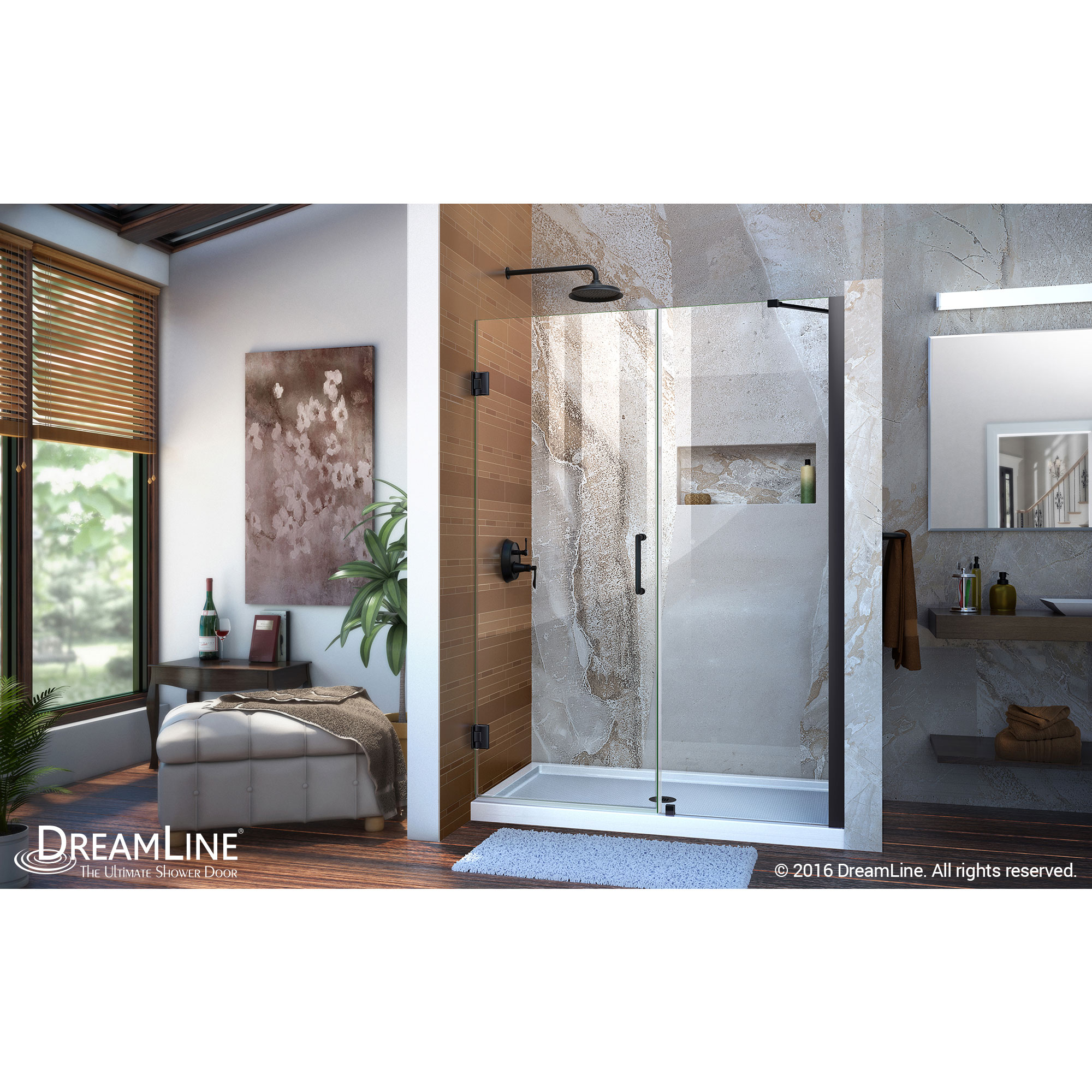 DreamLine Unidoor 48-49 in. W x 72 in. H Frameless Hinged Shower Door with Support Arm in Satin Black