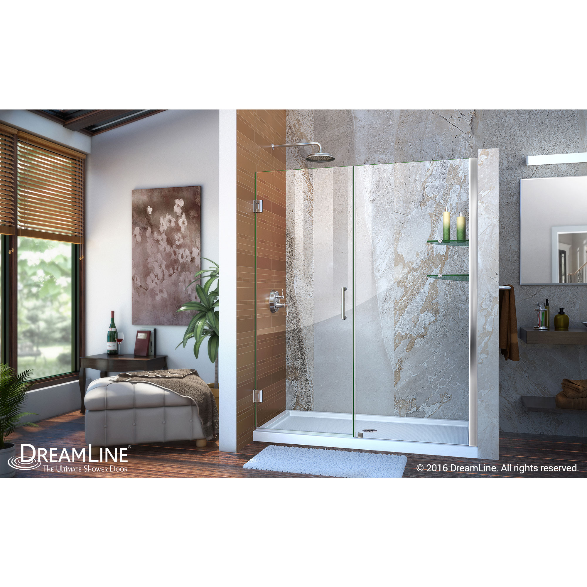 Unidoor 56 to 57" Frameless Hinged Shower Door, Clear 3/8" Glass Door, Chrome