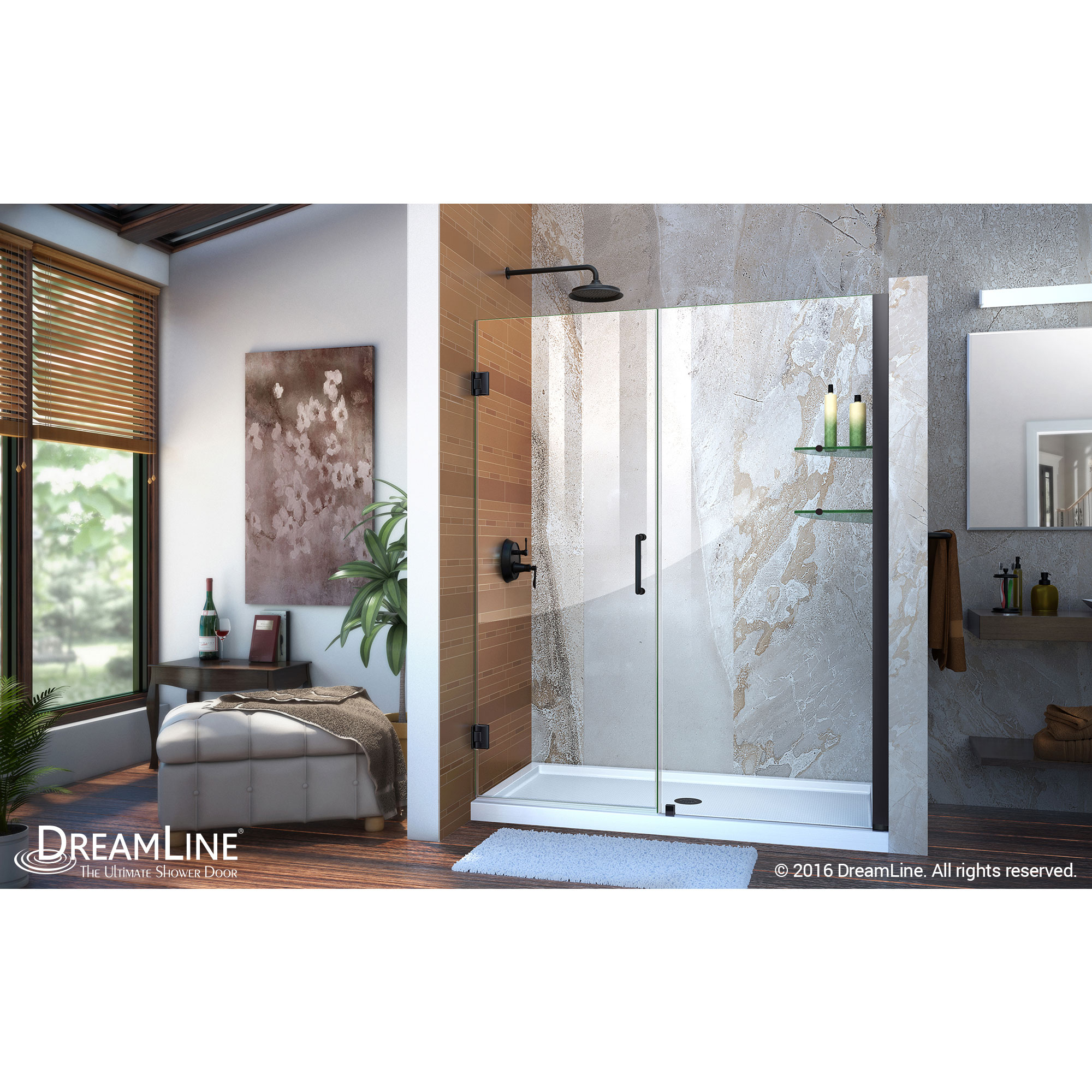 DreamLine Unidoor 55-56 in. W x 72 in. H Frameless Hinged Shower Door with Shelves in Satin Black