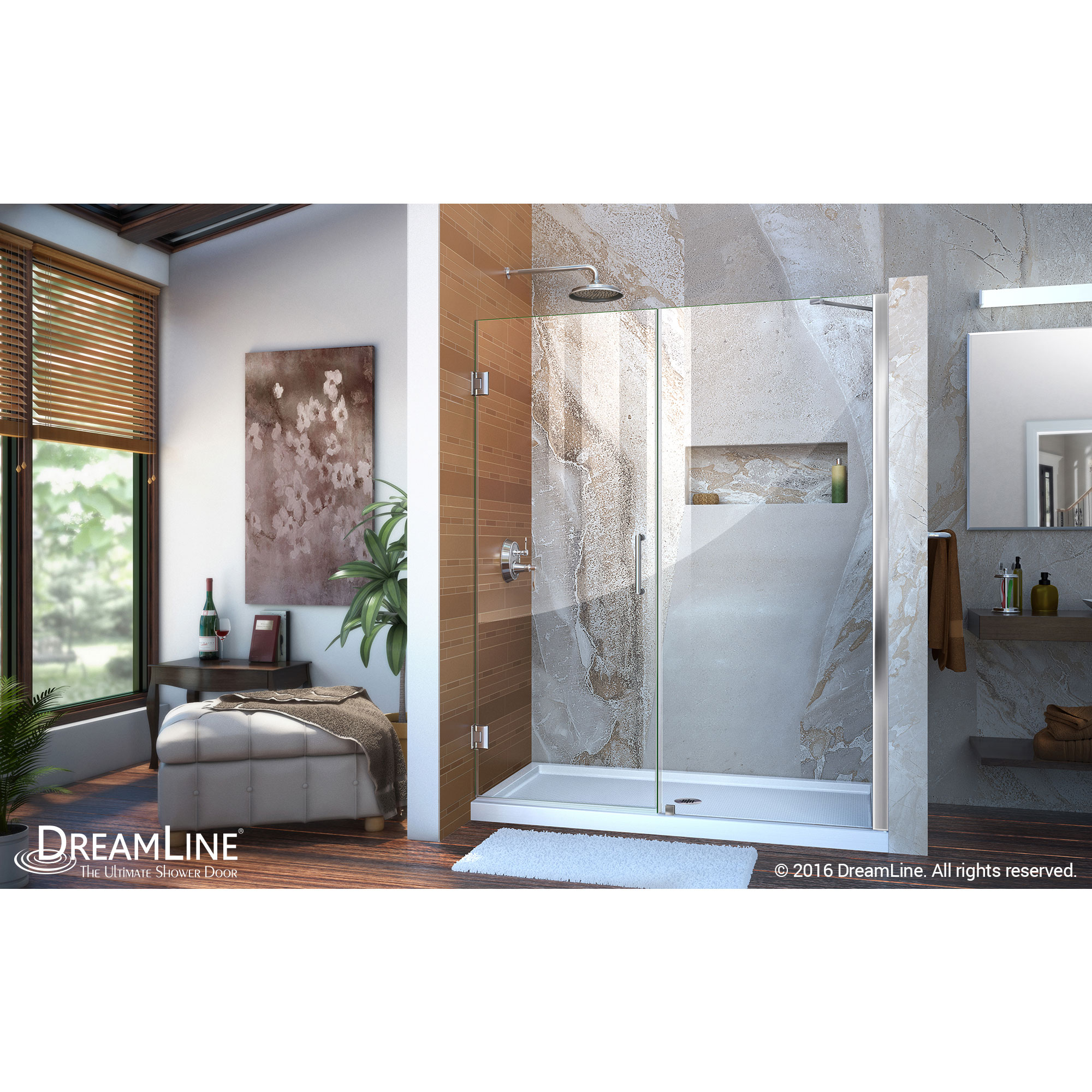 Unidoor 57 to 58" Frameless Hinged Shower Door, Clear 3/8" Glass Door, Chrome