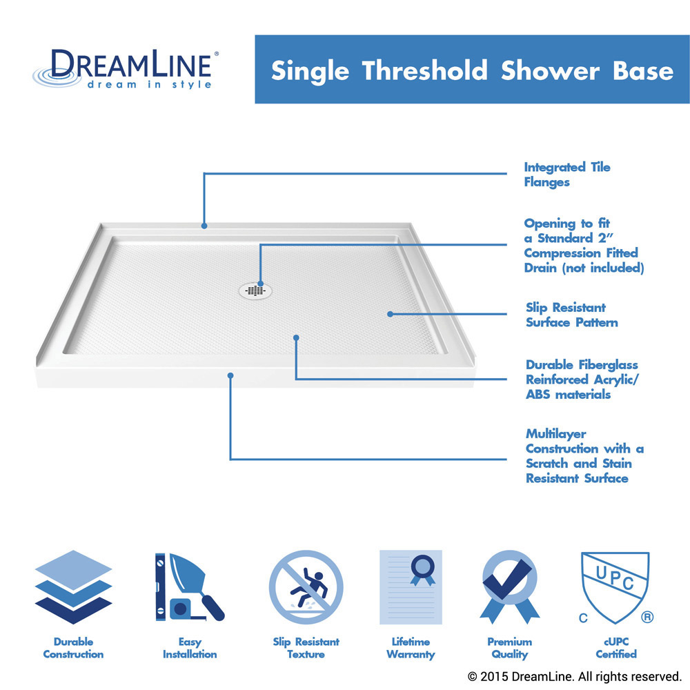 DreamLine 34 in. D x 48 in. W x 76 3/4 in. H Center Drain Acrylic Shower Base and QWALL-5 Backwall Kit In White